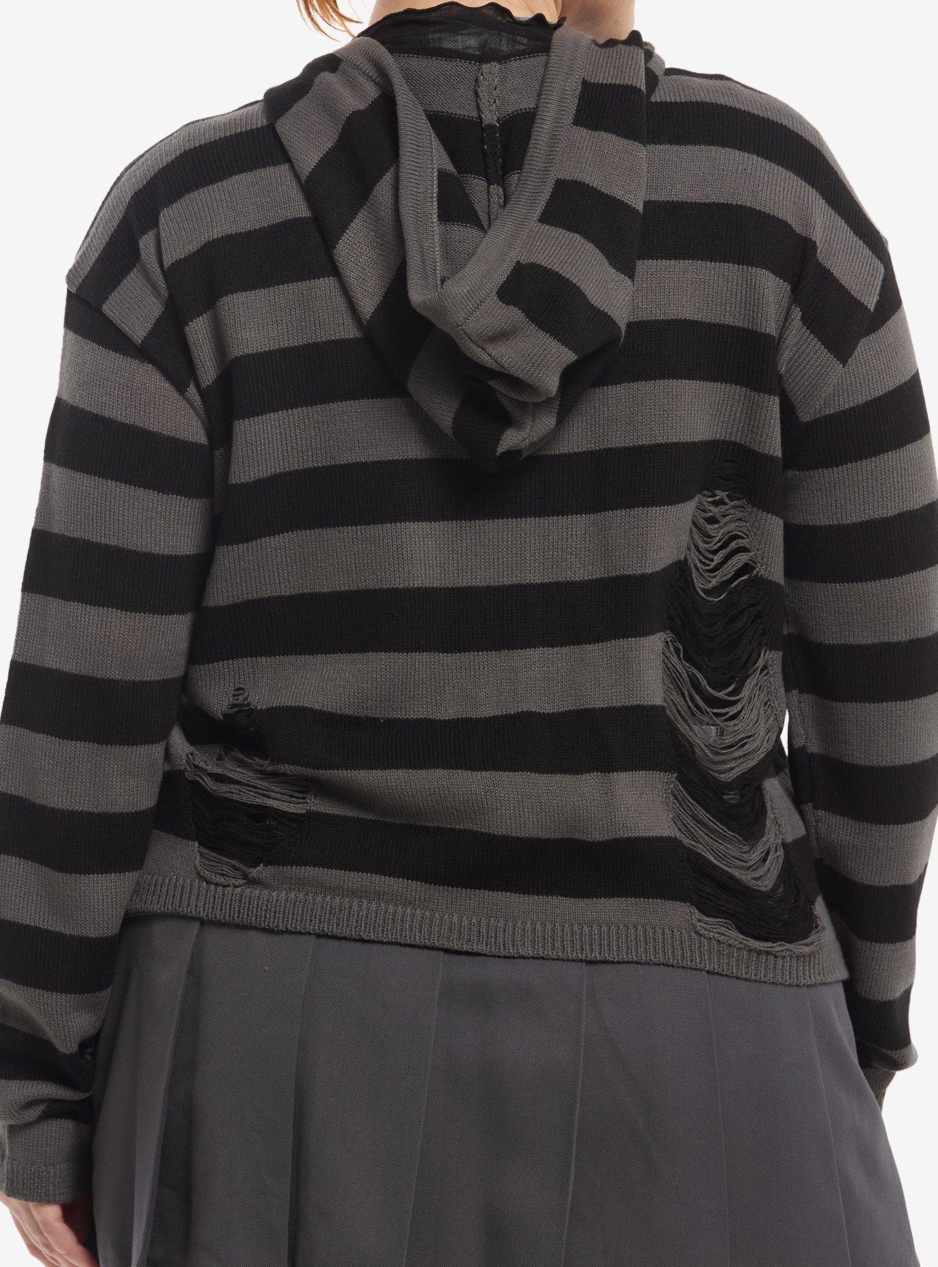Social Collision Grunge Stripe Distressed Girls Knit Hoodie Plus Size, , hi-res