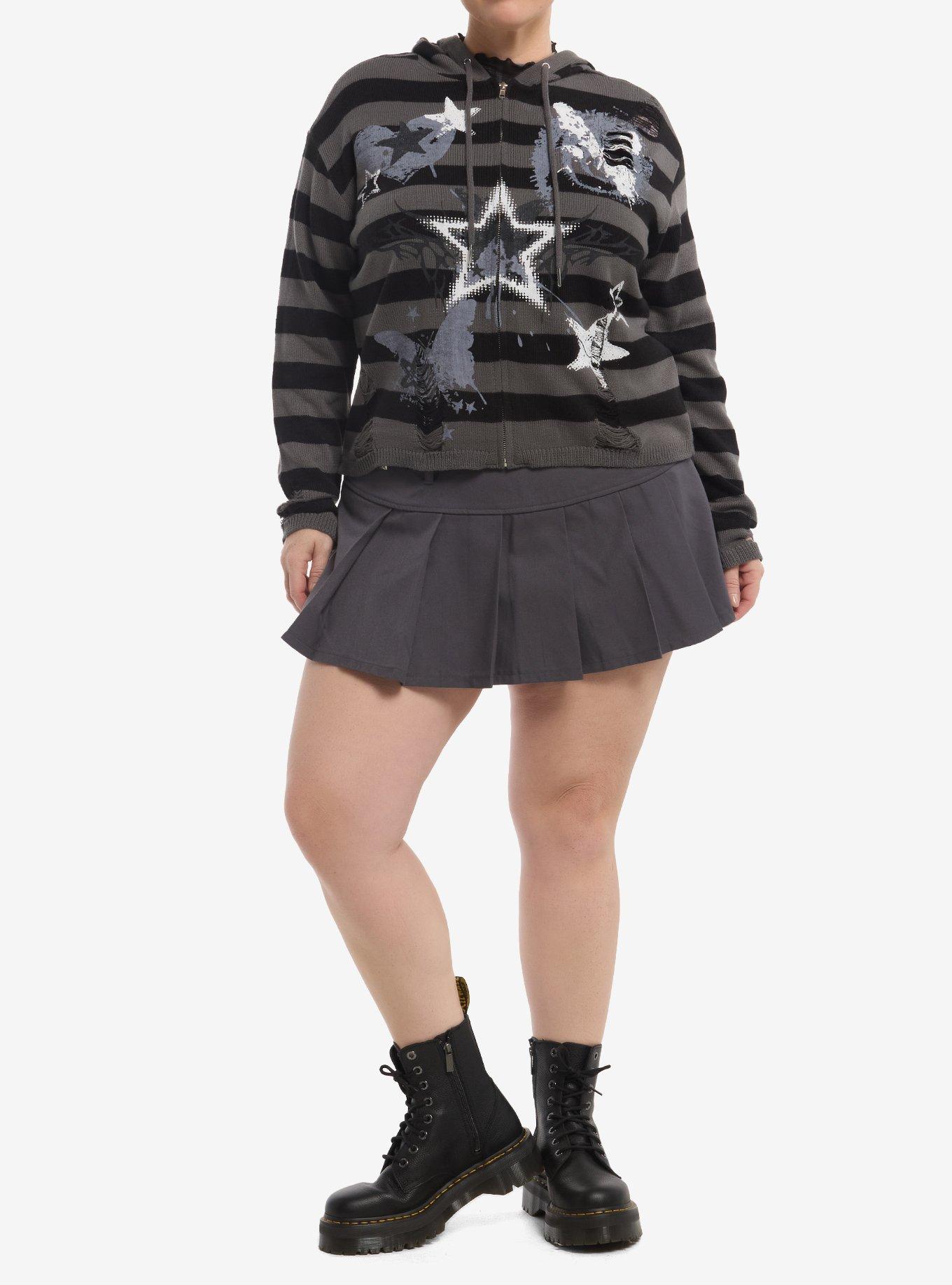 Social Collision Grunge Stripe Distressed Girls Knit Hoodie Plus Size, MULTI, alternate