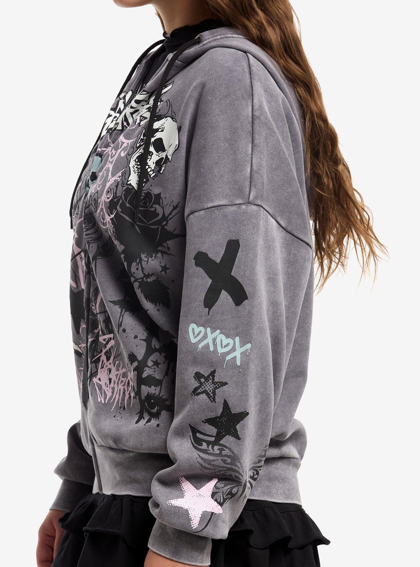 Social Collision Cat Skull Doodle Girls Hoodie, MULTI, alternate