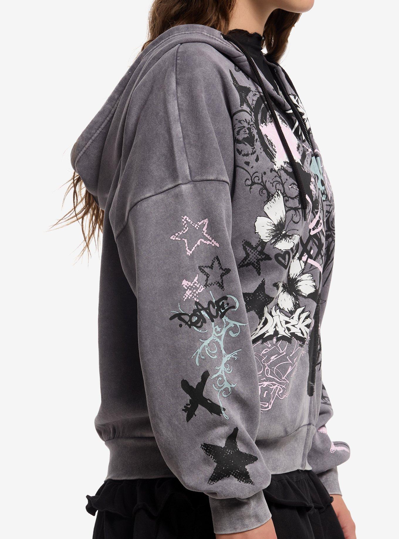 Social Collision Cat Skull Doodle Girls Hoodie, MULTI, alternate