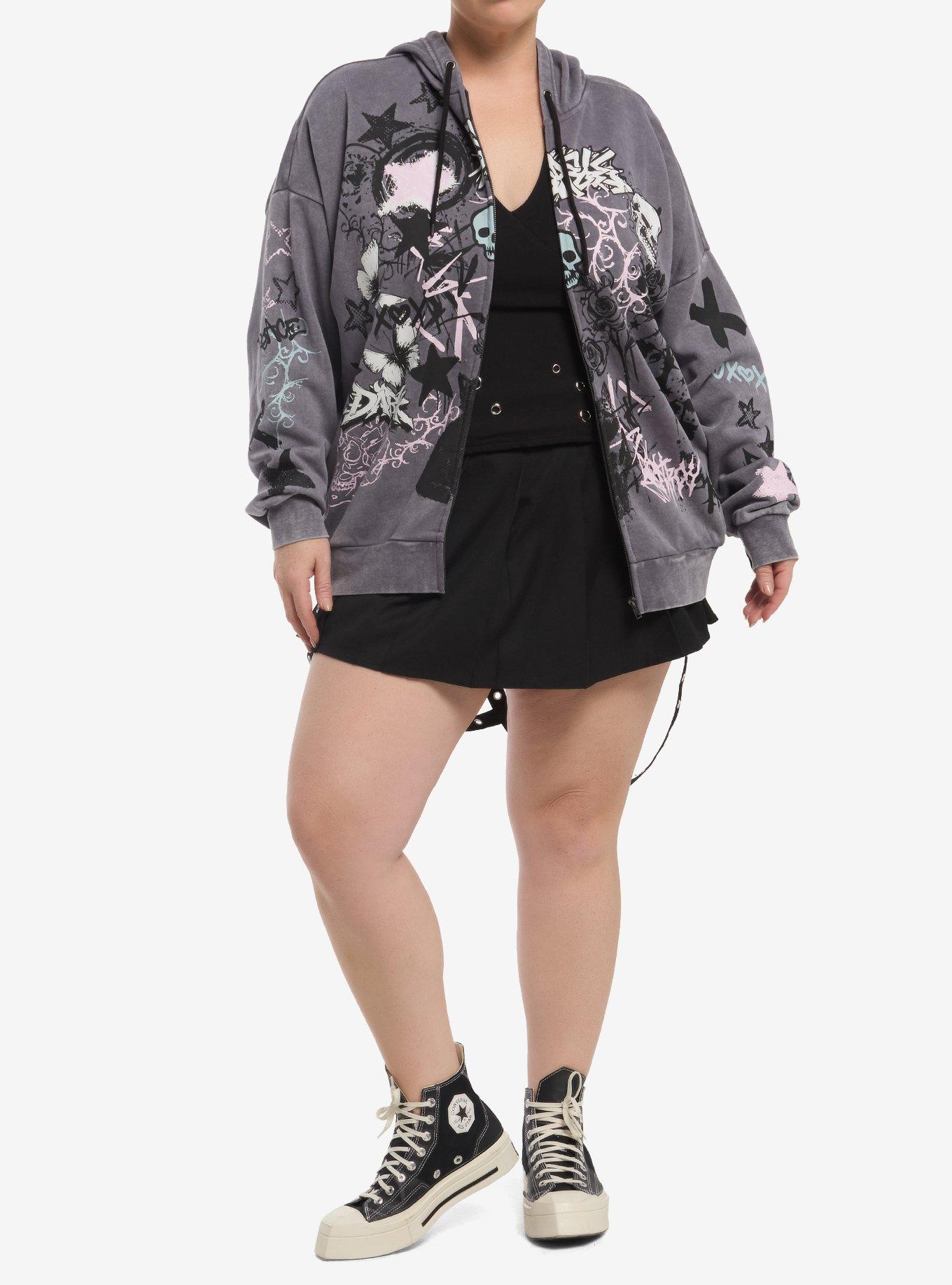 Social Collision Cat Skull Doodle Girls Hoodie Plus Size, MULTI, alternate