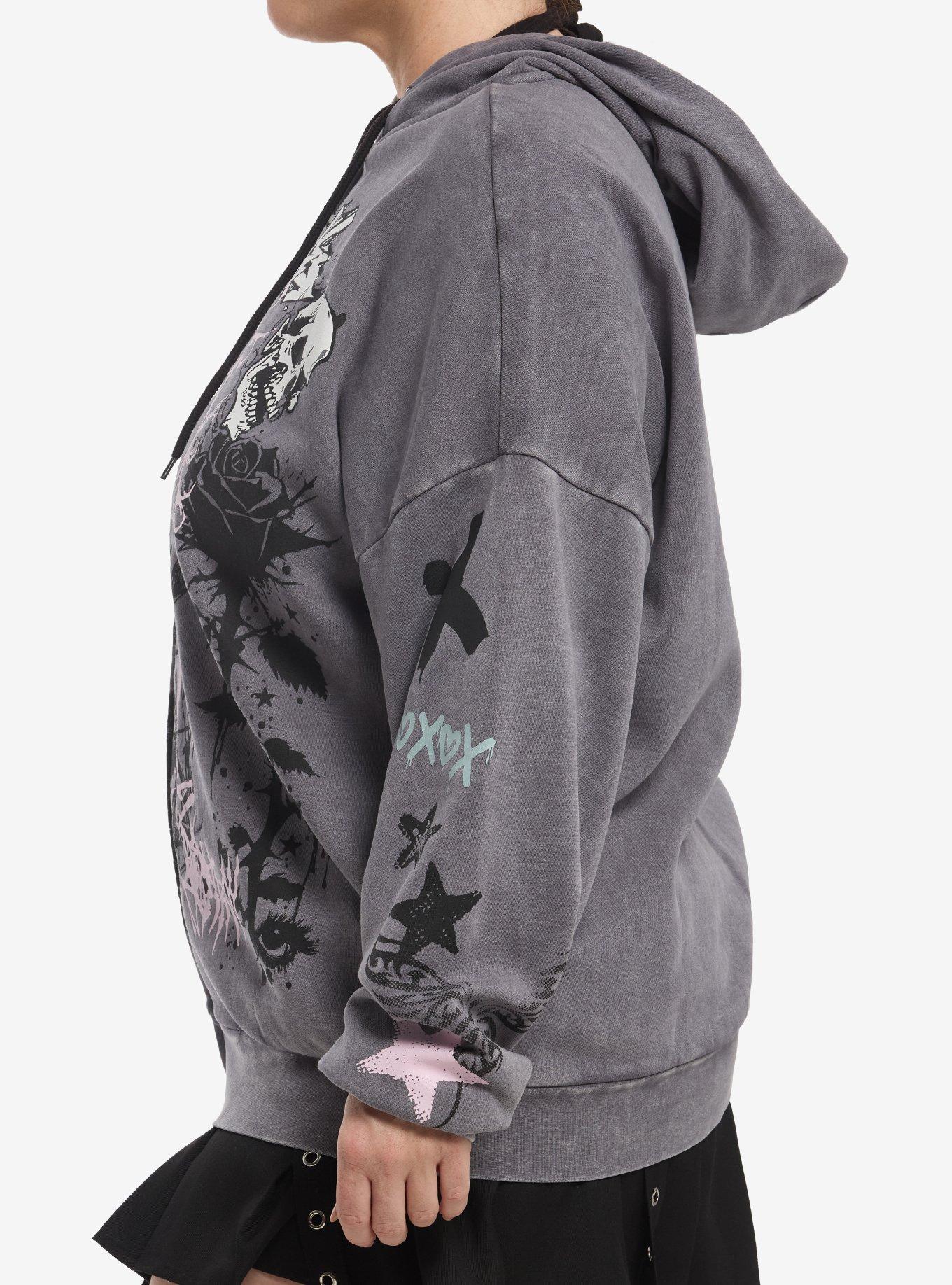 Social Collision Cat Skull Doodle Girls Hoodie Plus Size, MULTI, alternate