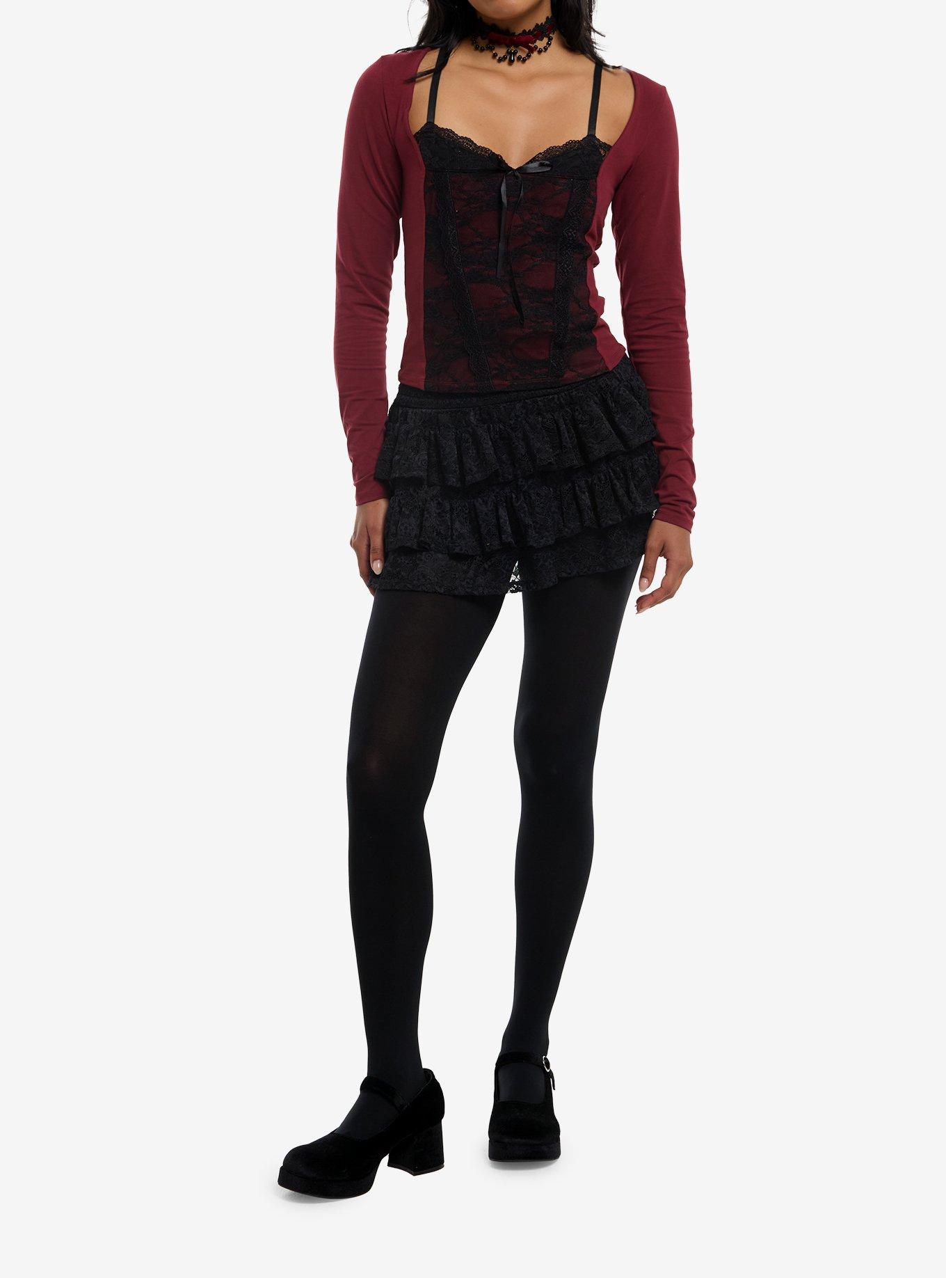 Burgundy Black Lace Faux Twofer Girls Long-Sleeve Top, , hi-res