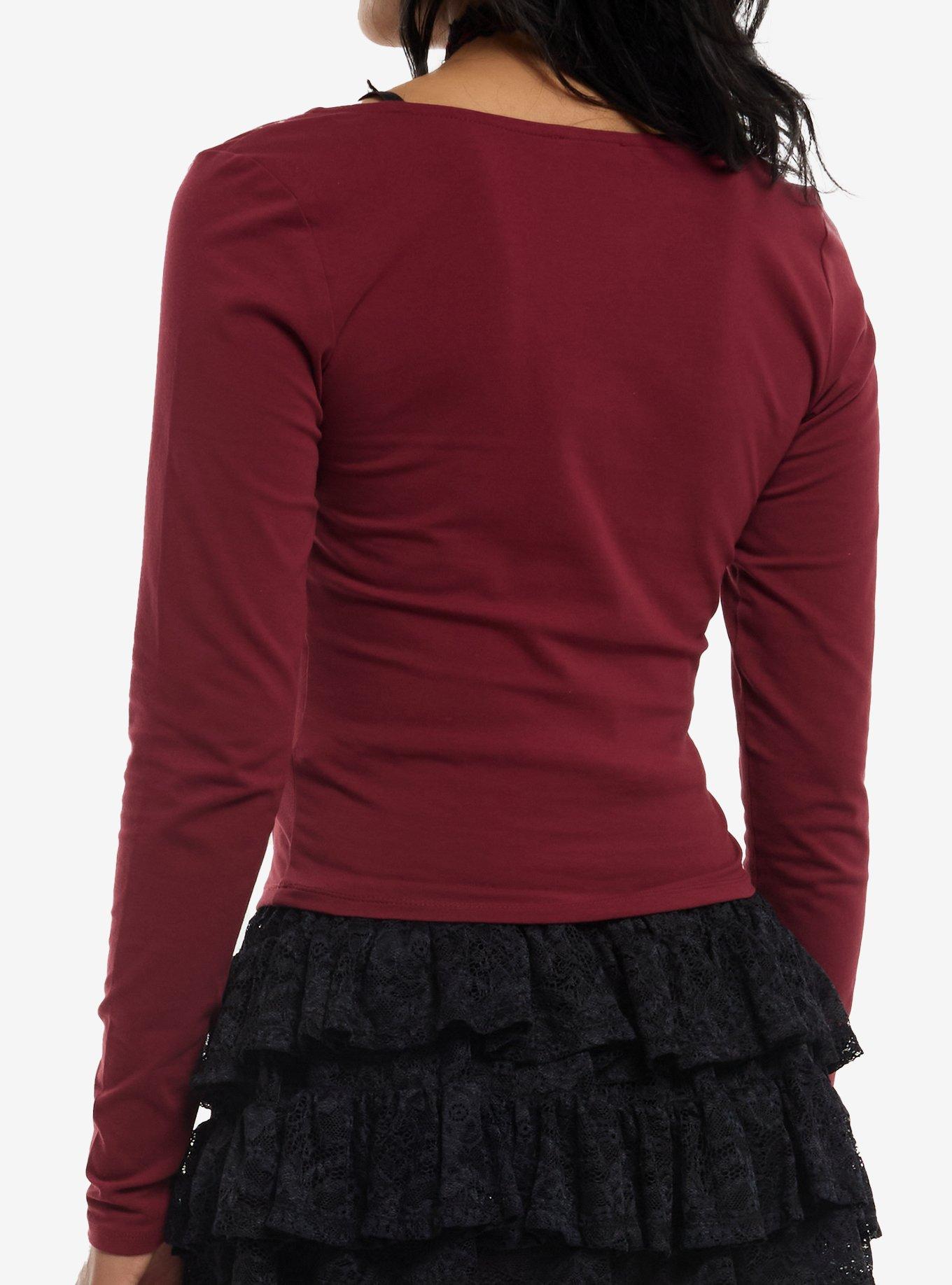 Burgundy Black Lace Faux Twofer Girls Long-Sleeve Top, MULTI, alternate