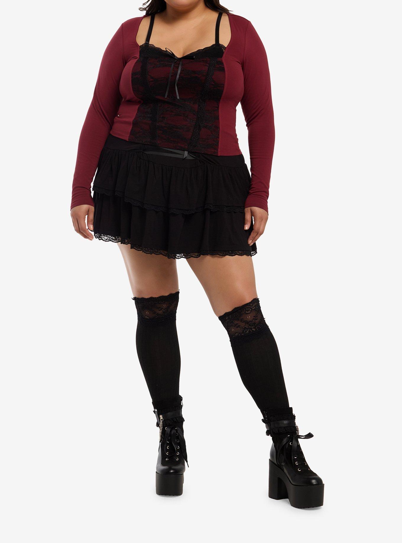 Burgundy Black Lace Faux Twofer Girls Long-Sleeve Top Plus Size, , hi-res
