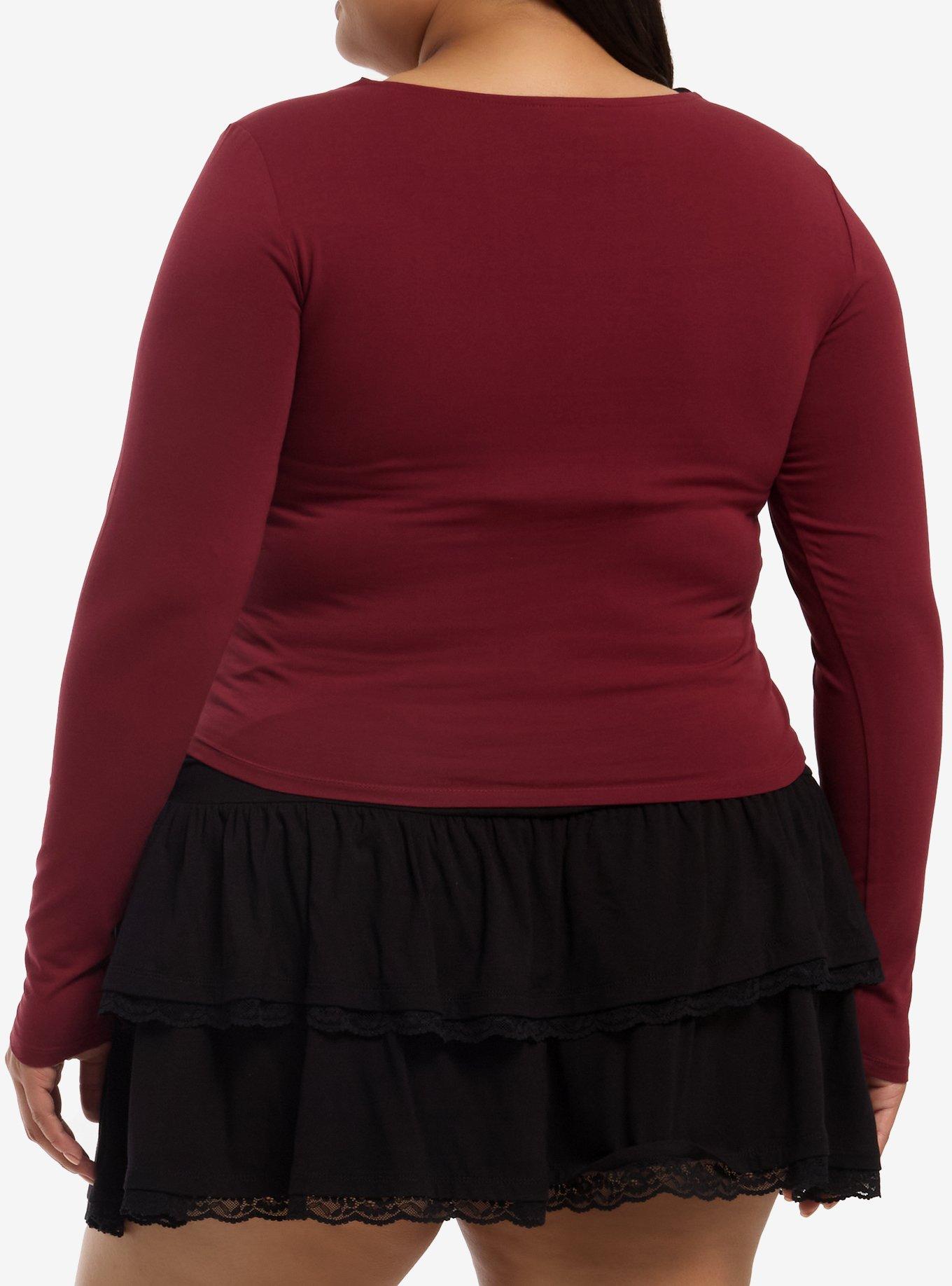 Burgundy Black Lace Faux Twofer Girls Long-Sleeve Top Plus Size, MULTI, alternate