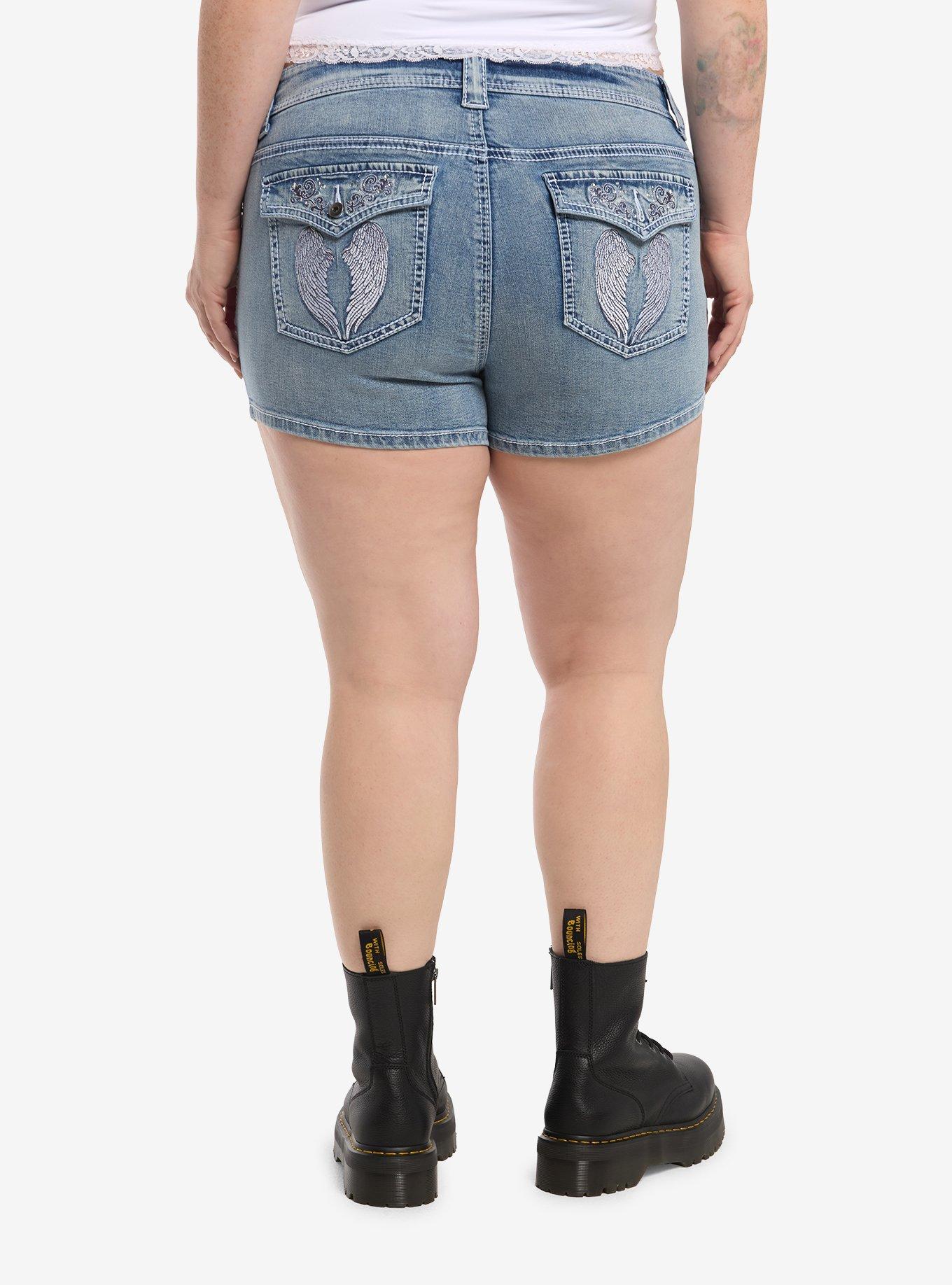 Social Collision Cross Filigree Low Rise Denim Shorts Plus Size, , hi-res