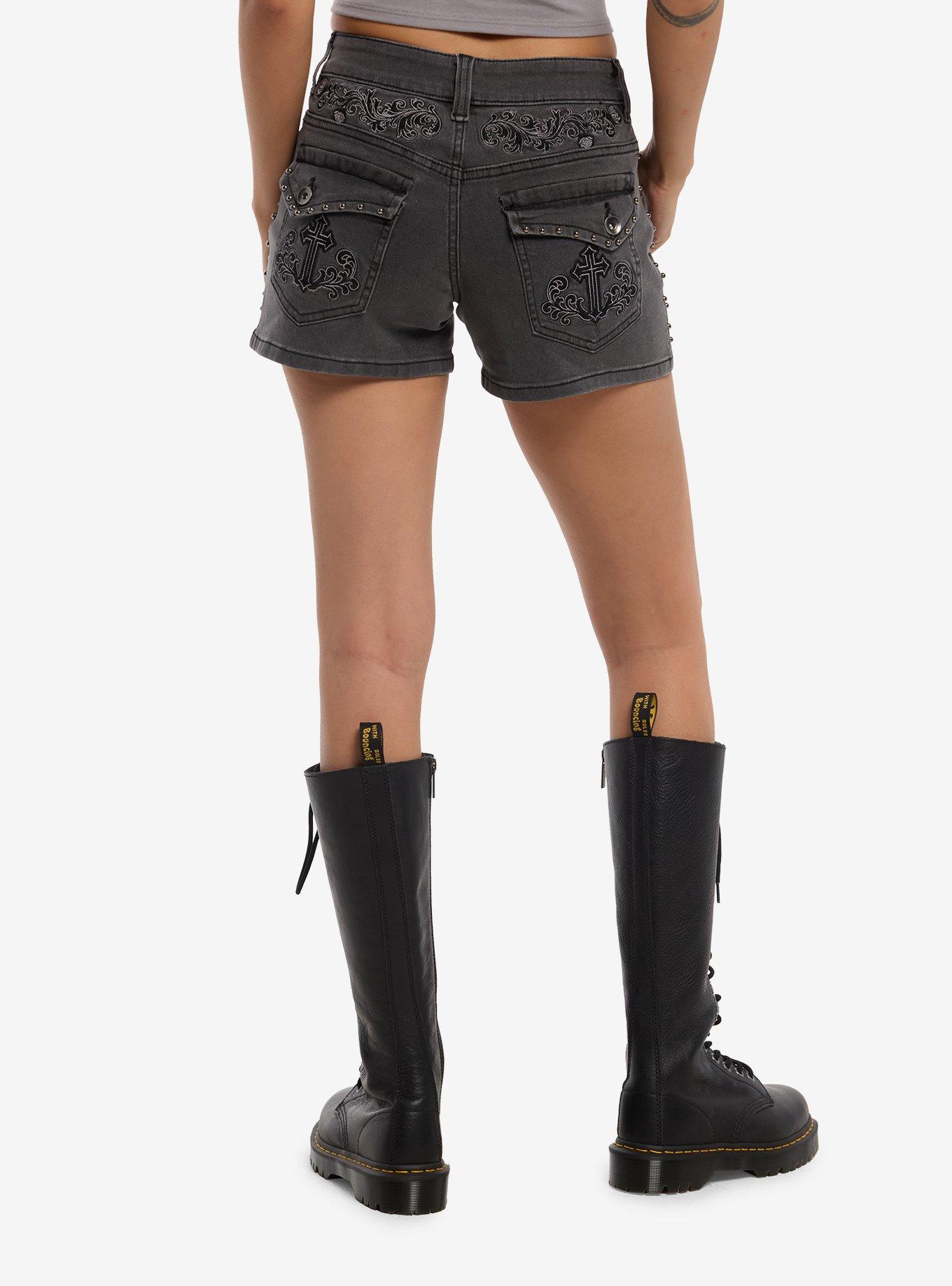 Social Collision Grey Cross Stud Low Rise Shorts, , hi-res
