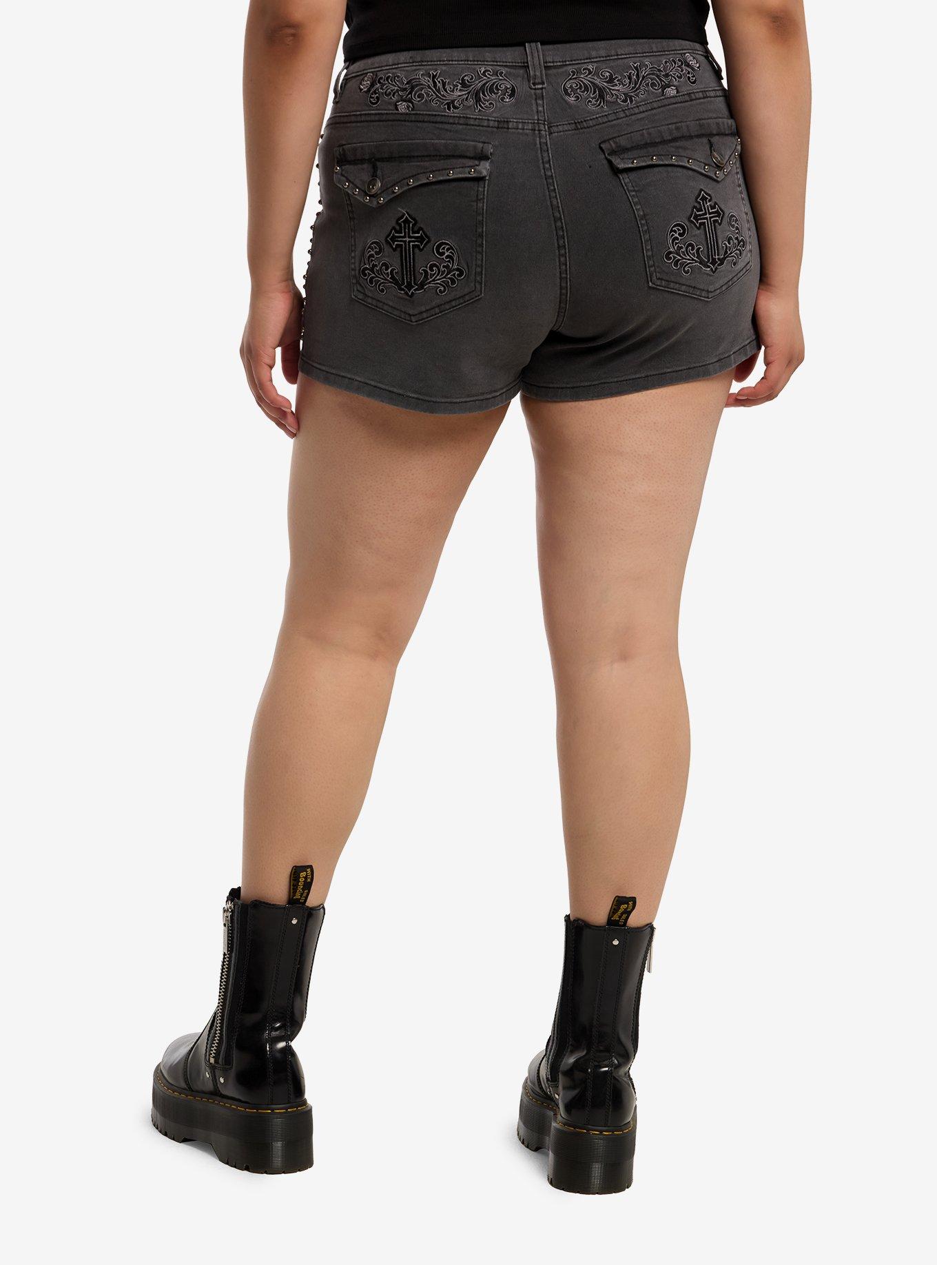 Social Collision Grey Cross Stud Low Rise Shorts Plus Size, , hi-res