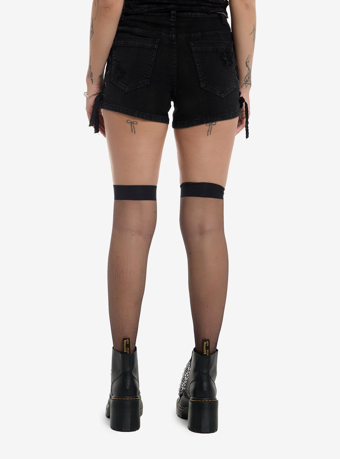 Cosmic Aura Black Butterfly Applique Lace-Up  Denim Shorts, , hi-res