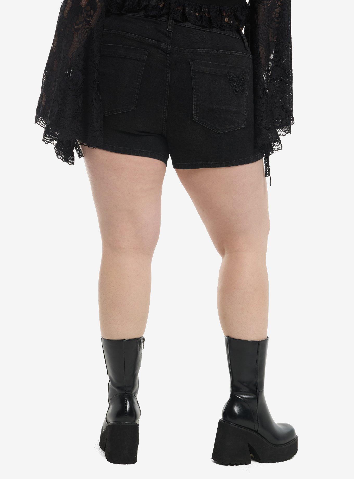 Cosmic Aura Black Butterfly Applique Lace-Up Denim Shorts Plus Size, , hi-res