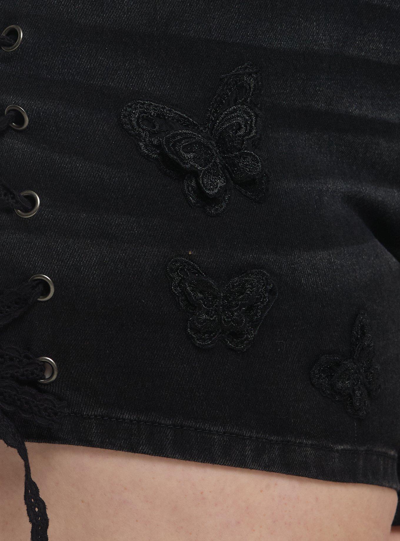 Cosmic Aura Black Butterfly Applique Lace-Up Denim Shorts Plus Size, MULTI, alternate