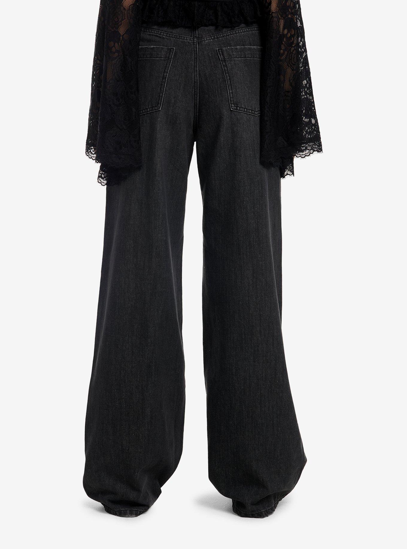 Cosmic Aura Black Lace Distressed Wide Leg Jeans, , hi-res