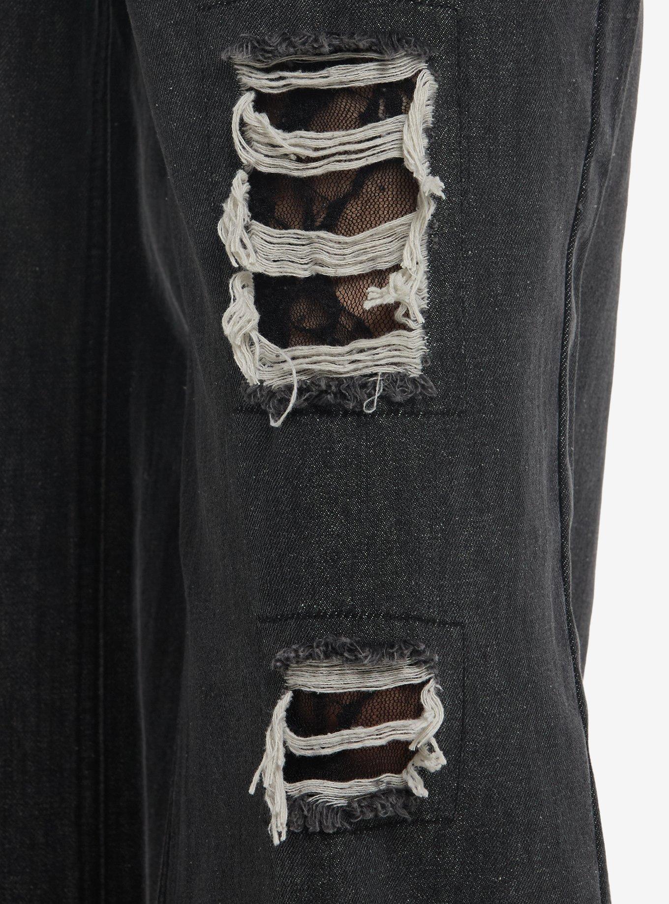 Cosmic Aura Black Lace Distressed Wide Leg Jeans, MULTI, alternate