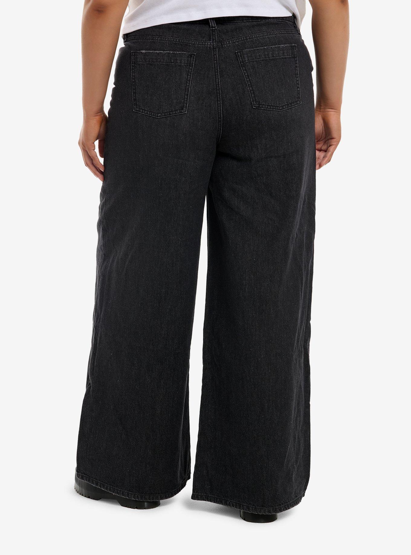 Cosmic Aura Black Lace Distressed Wide Leg Jeans Plus Size, , hi-res