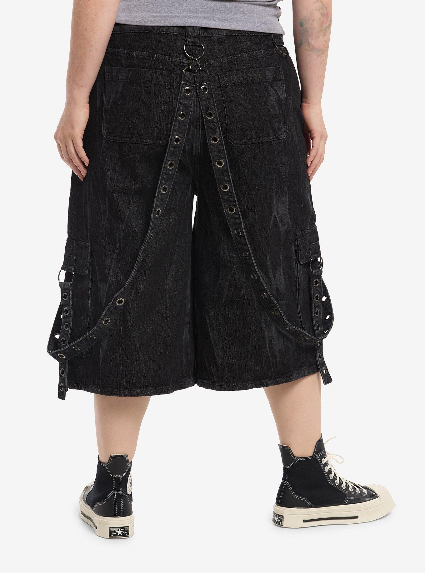 Social Collision Grey Wash Grommet Suspender Cargo Jorts Plus Size, , hi-res