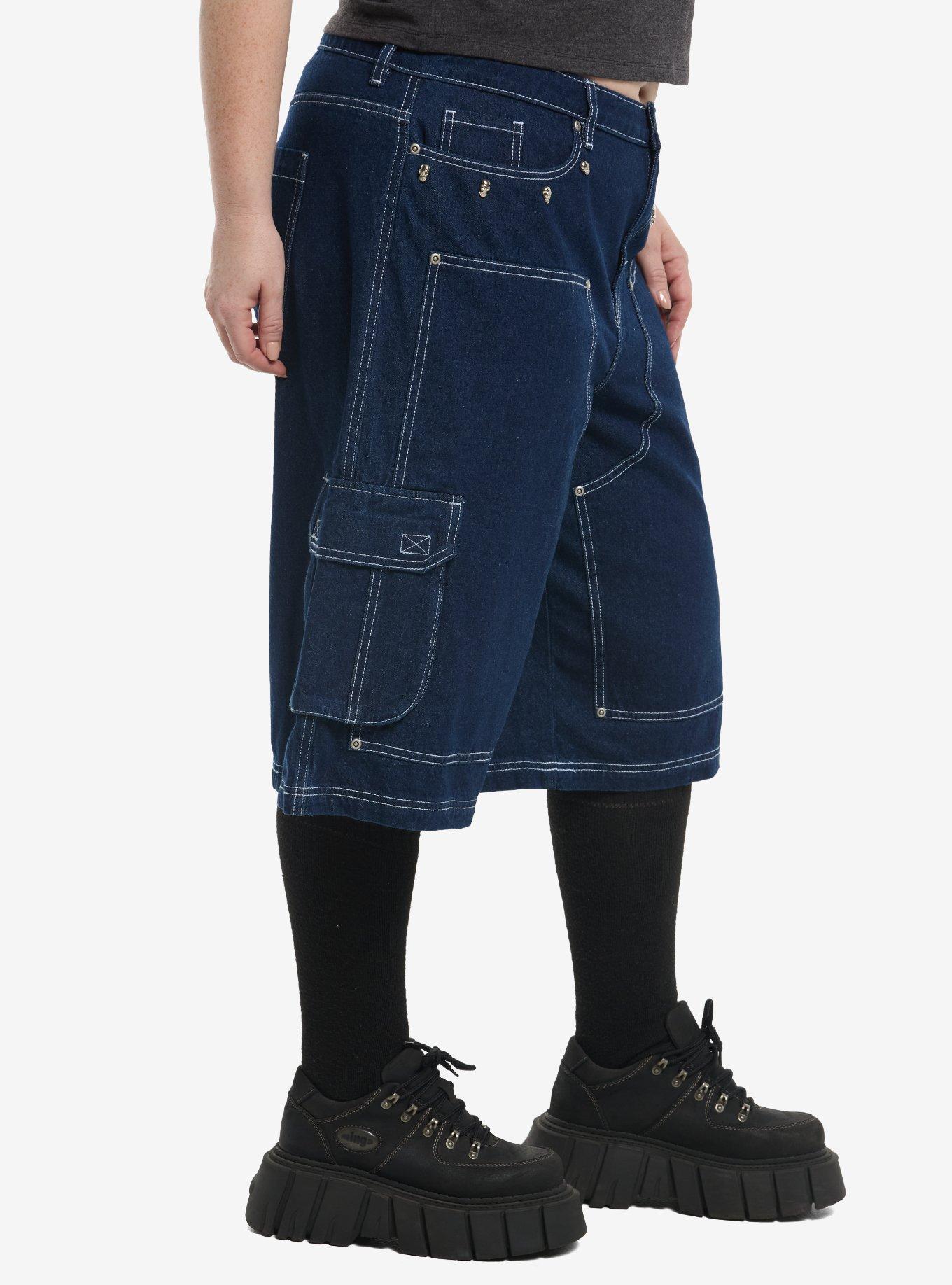 Sweet Society Dark Indigo Skull Charm Girls Cargo Jorts Plus Size, MULTI, alternate