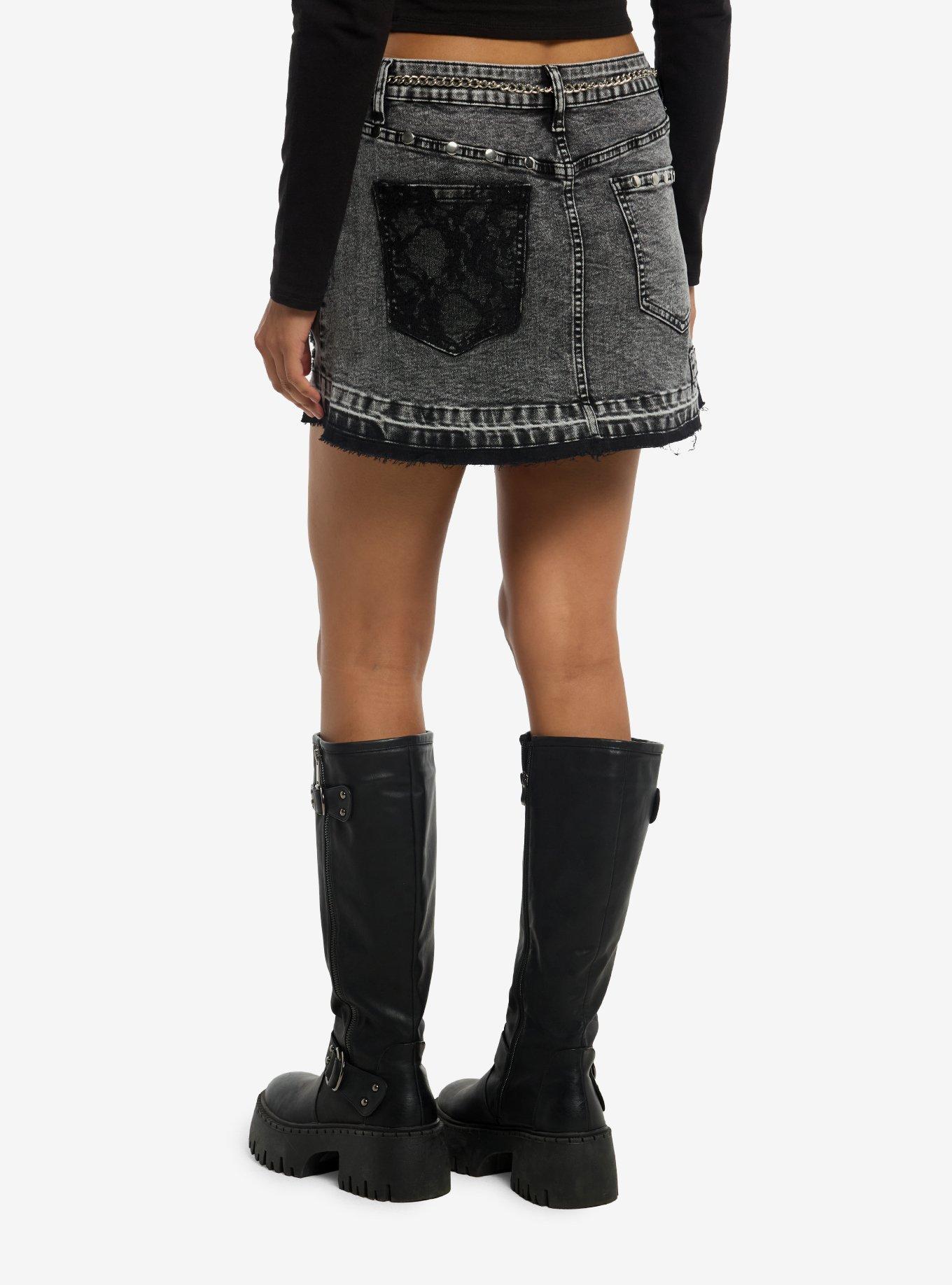 Cosmic Aura Black Destructed Belted Denim Skirt, , hi-res