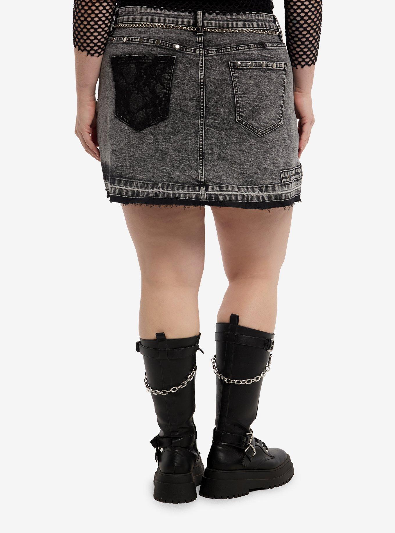 Cosmic Aura Black Destructed Belted Denim Skirt Plus Size, , hi-res