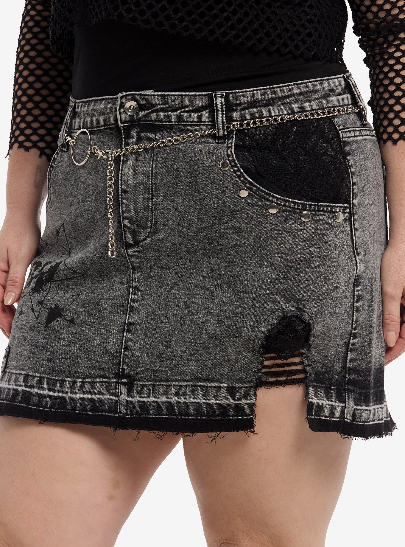 Cosmic Aura Black Destructed Belted Denim Skirt Plus Size, MULTI, alternate