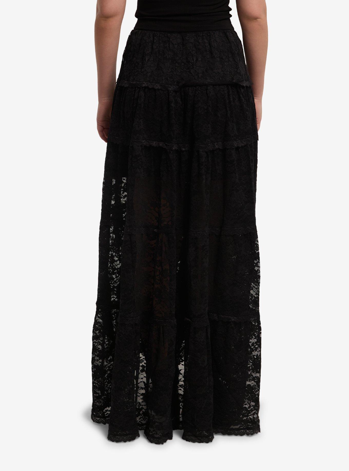 Cosmic Aura Black Lace Tiered Midi Skirt, , hi-res