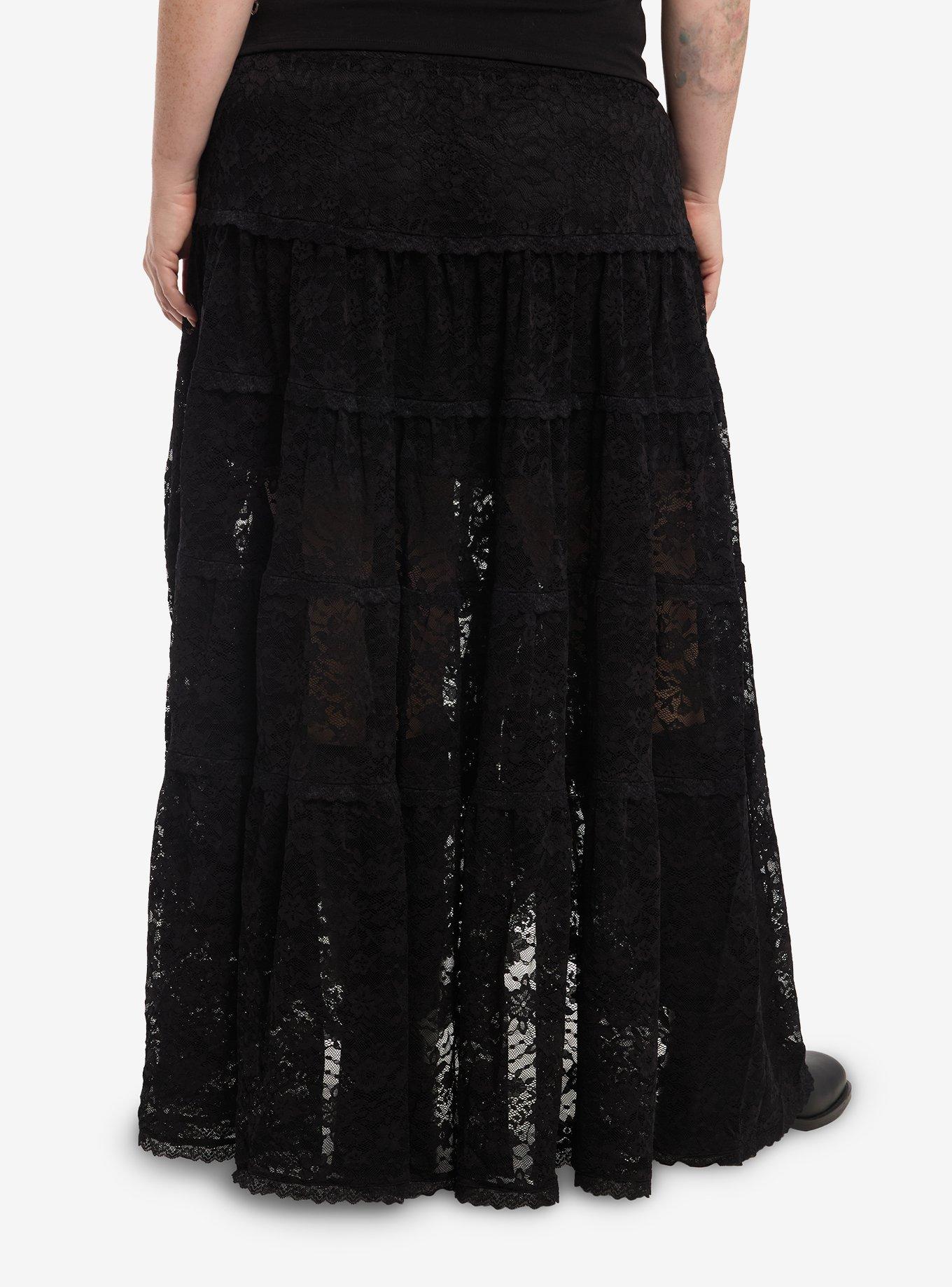 Cosmic Aura Black Lace Tiered Midi Skirt Plus Size, , hi-res