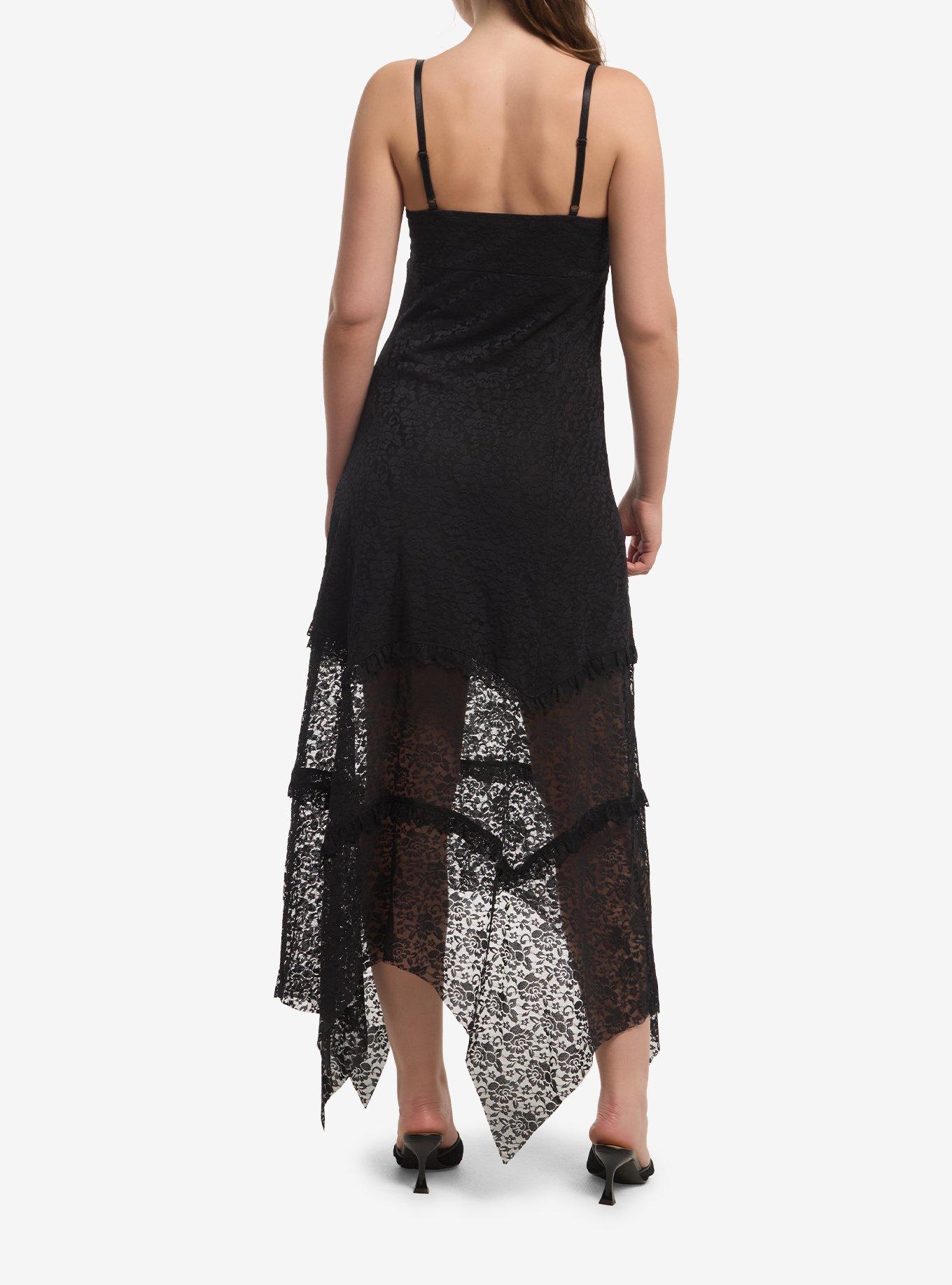 Cosmic Aura Black Lace Hanky Hem Midi Dress, , hi-res