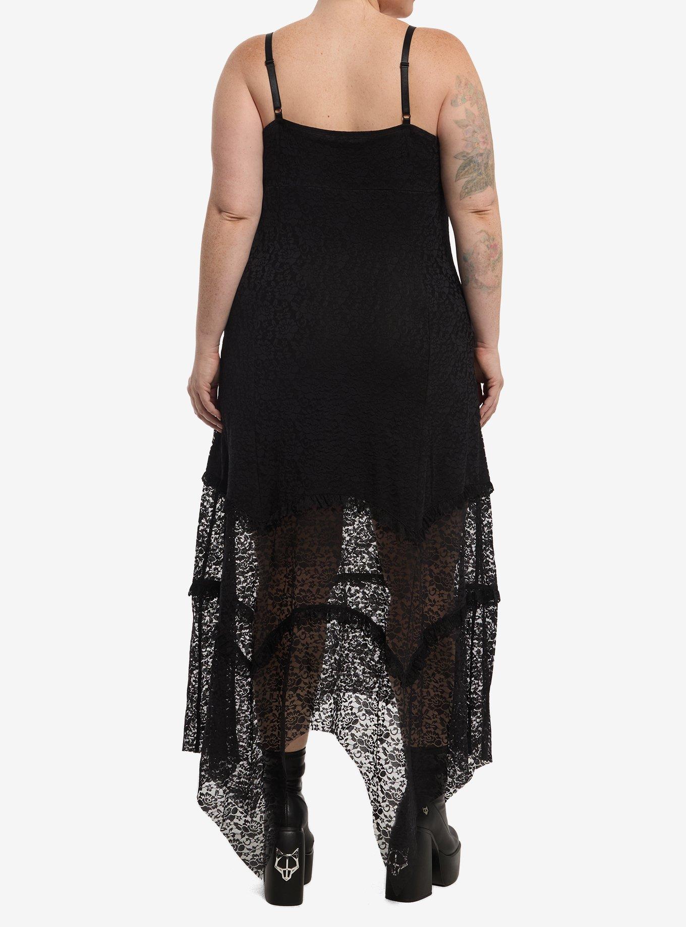 Cosmic Aura Black Lace Hanky Hem Midi Dress Plus Size, , hi-res