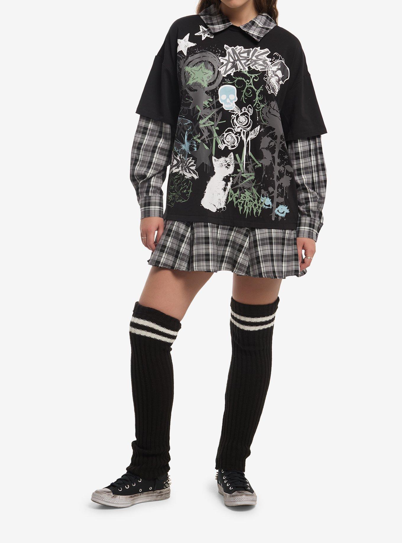 Social Collision Cat Skull Doodle Long-Sleeve Twofer Dress, , hi-res