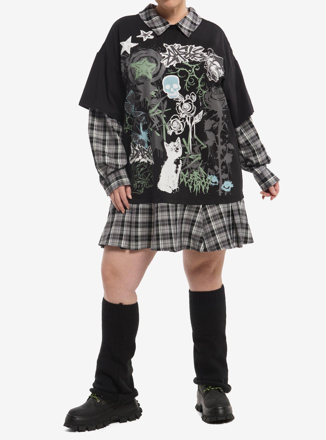 Social Collision Cat Skull Doodle Long-Sleeve Twofer Dress Plus Size, , hi-res