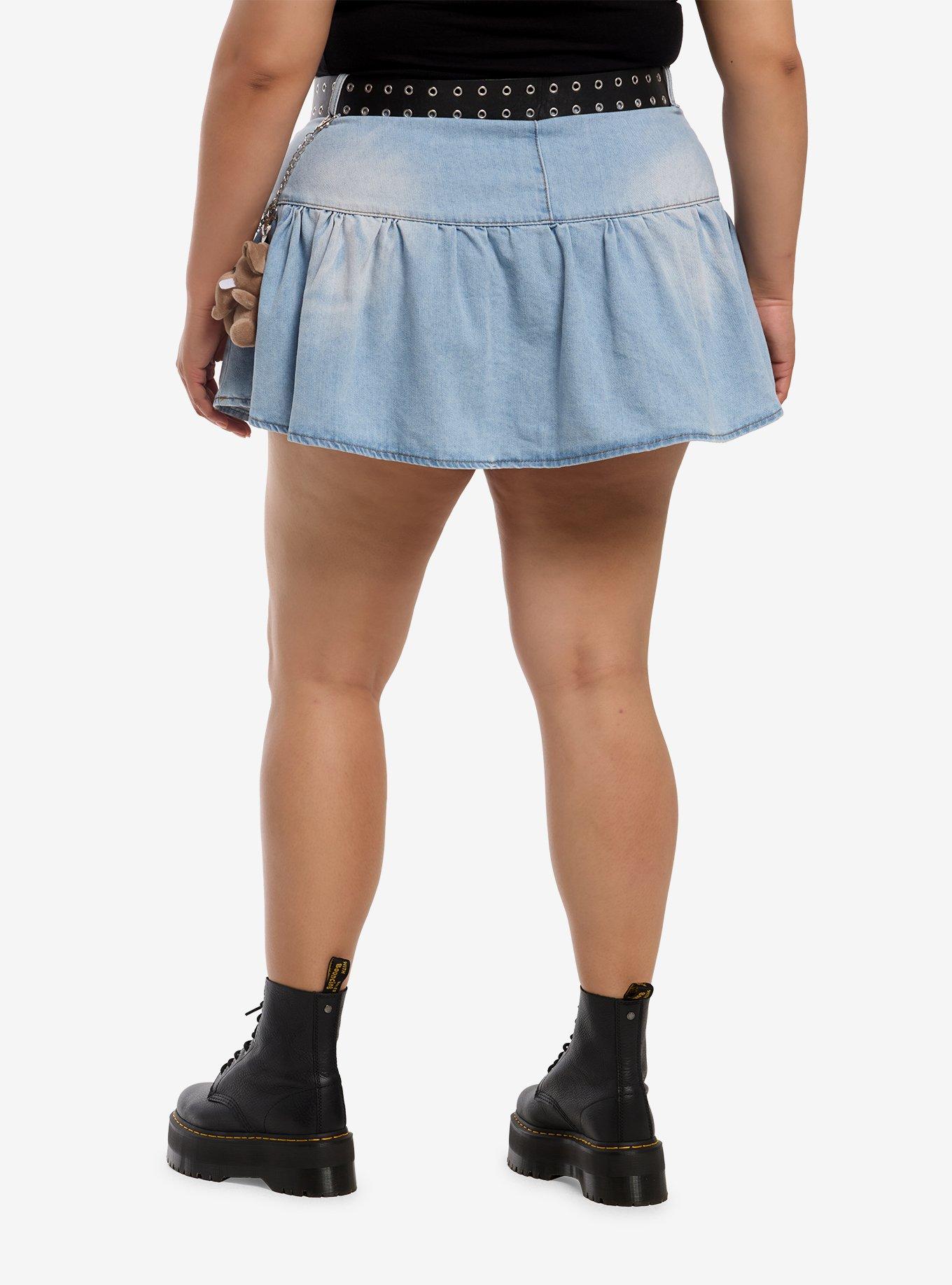 Social Collision Belted Plush Charm Denim Skirt Plus Size, , hi-res