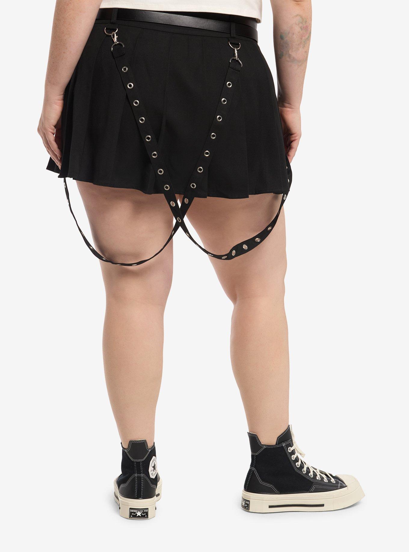 Social Collision Black Suspender Belted Pleated Skirt Plus Size, , hi-res
