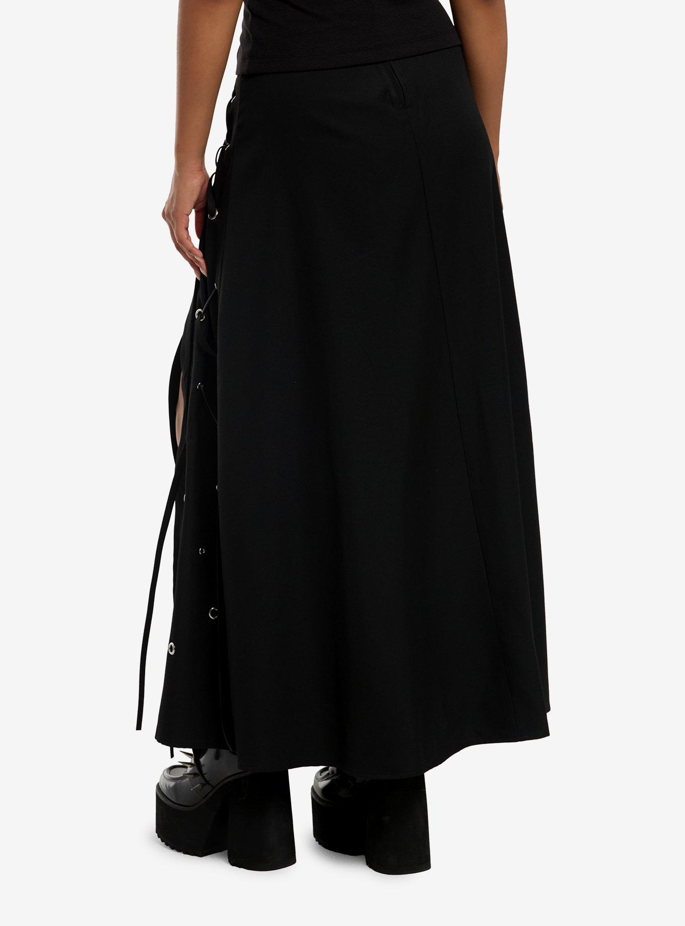 Social Collision Black Lace-Up Slit Maxi Skirt, , hi-res