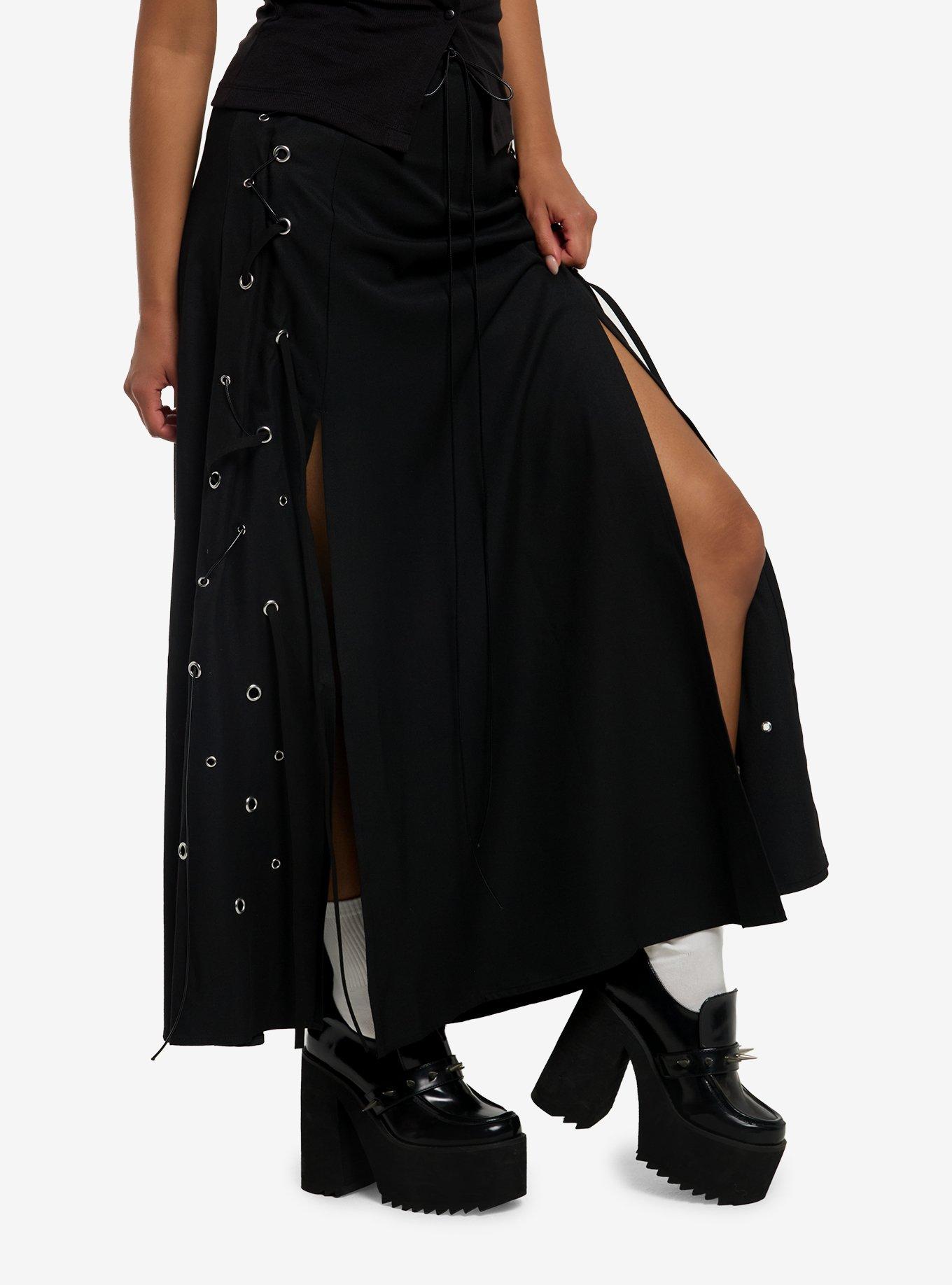 Social Collision Black Lace-Up Slit Maxi Skirt, MULTI, alternate