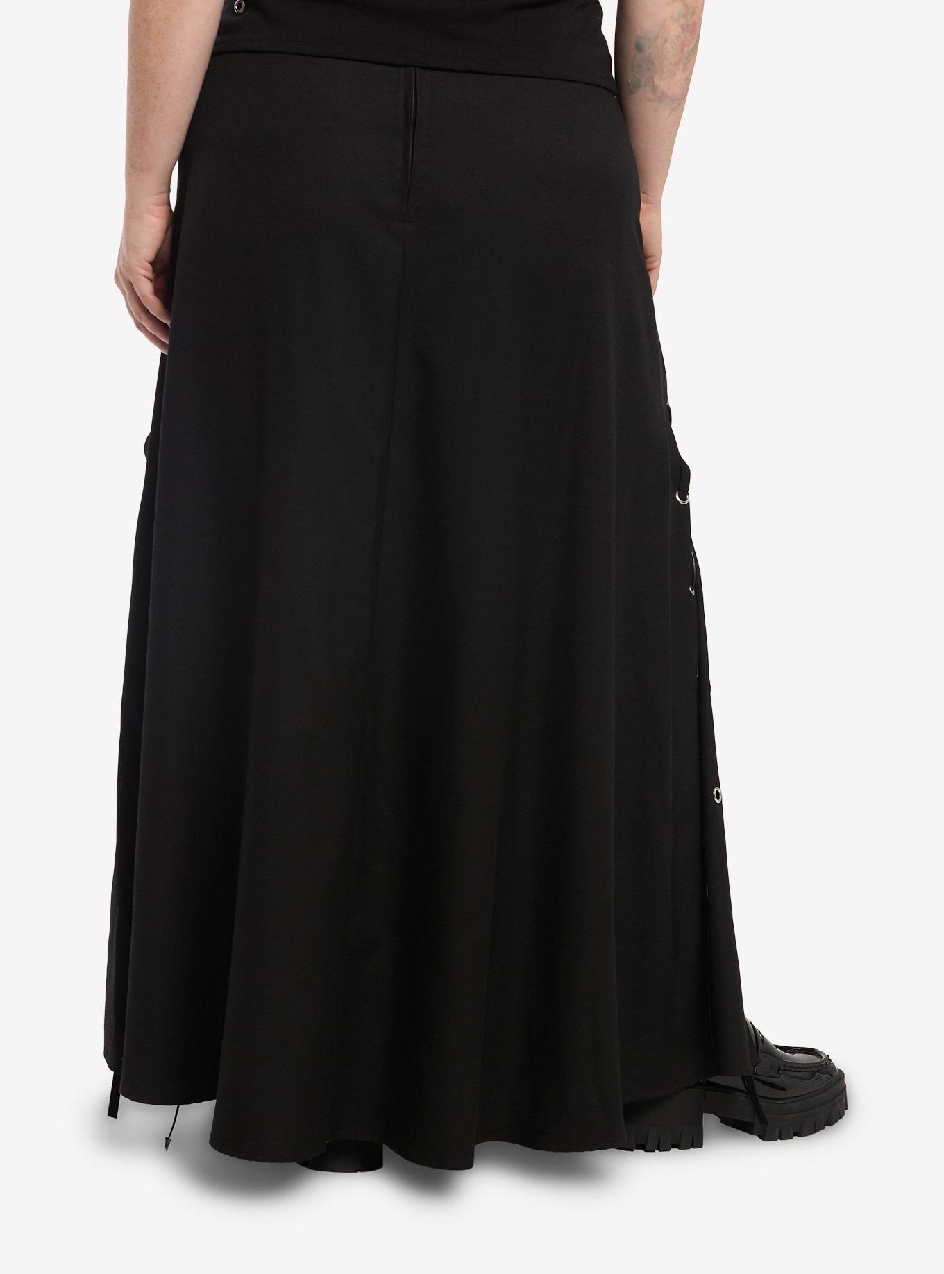 Social Collision Black Lace-Up Slit Maxi Skirt Plus Size, , hi-res