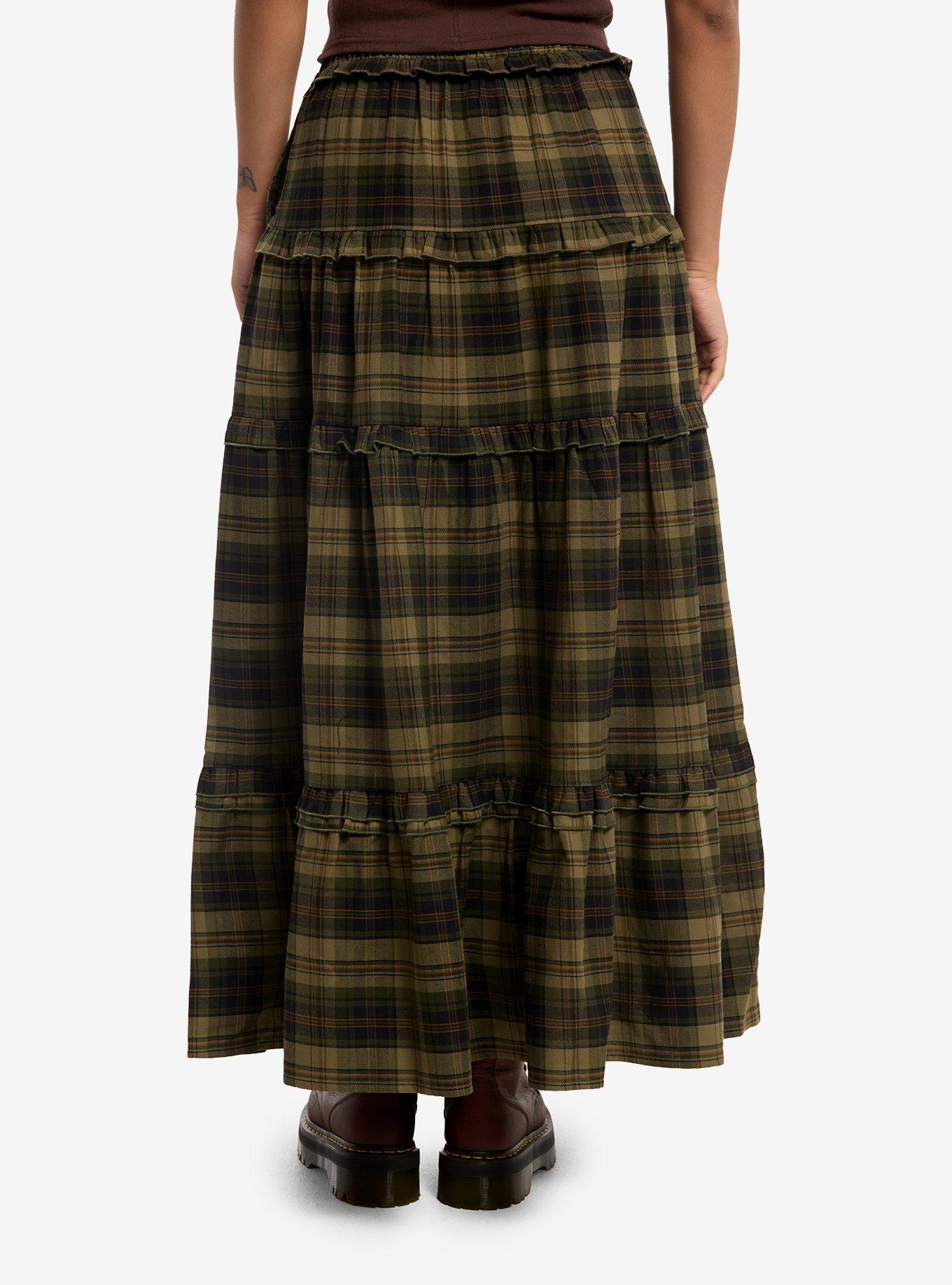 Thorn & Fable Green & Black Plaid Tiered Maxi Skirt, , hi-res