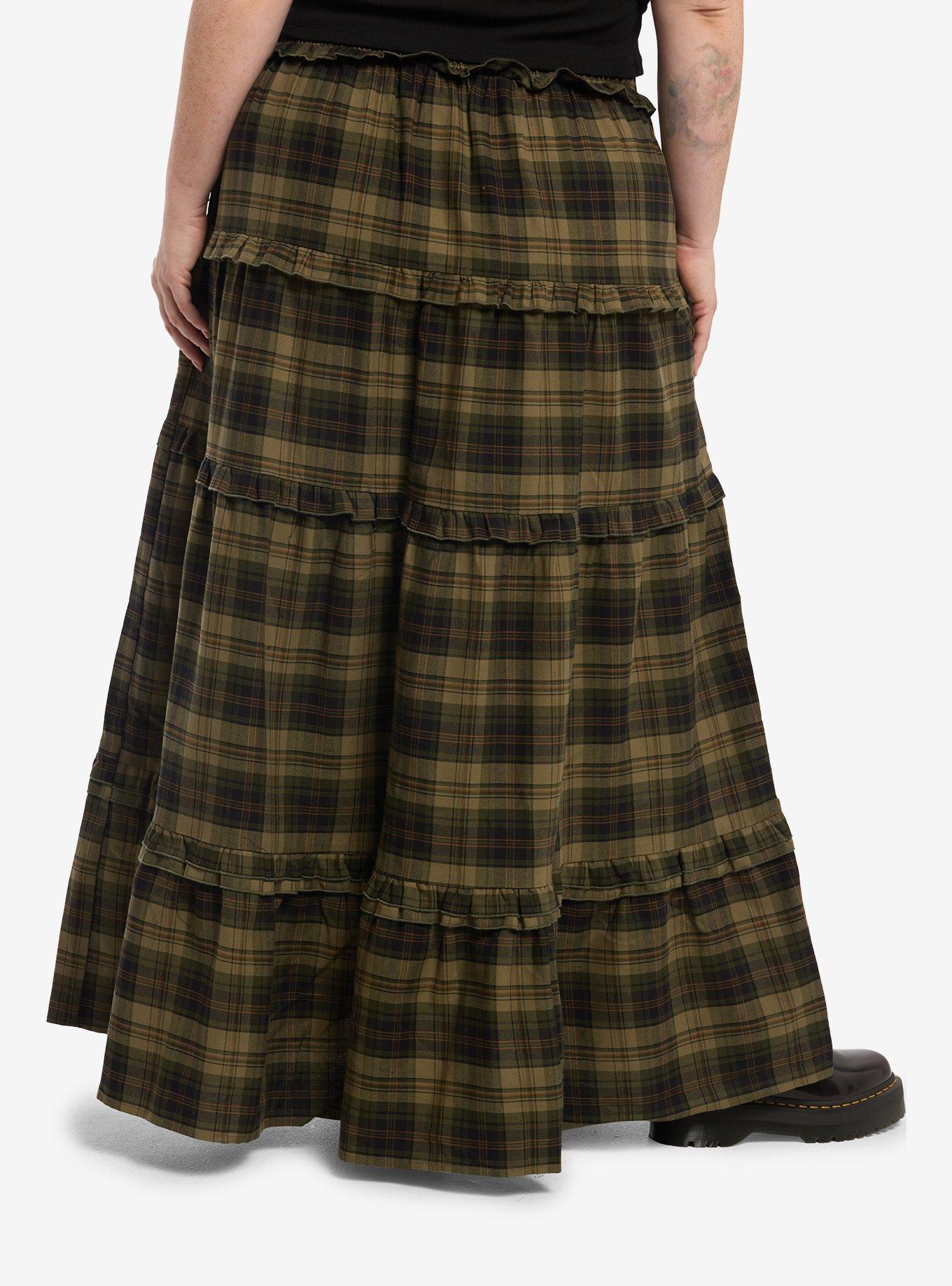 Thorn & Fable Green & Black Plaid Tiered Maxi Skirt Plus Size, , hi-res