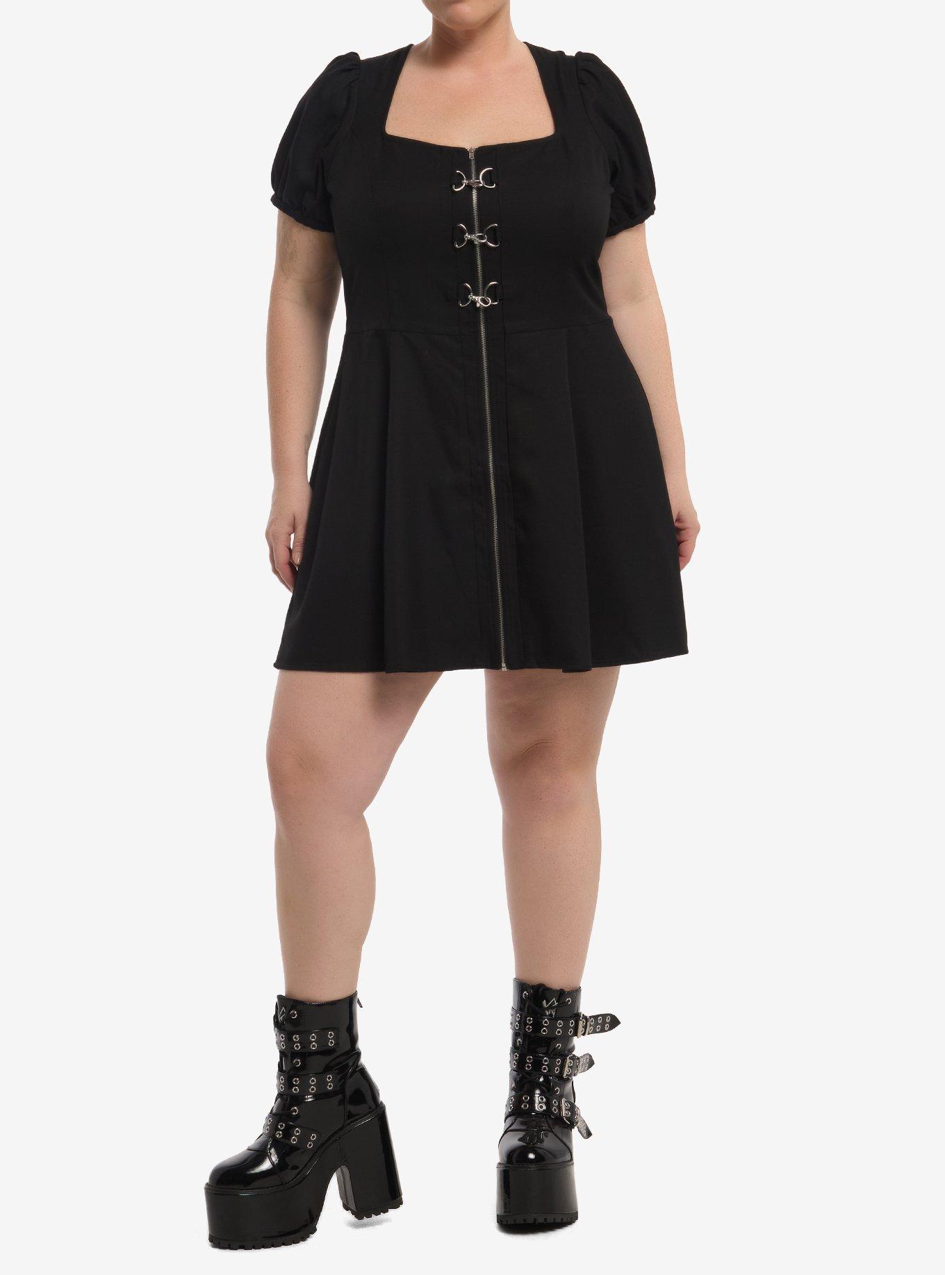 Social Collision Black Hardware Puff-Sleeve Mini Dress Plus Size, , hi-res