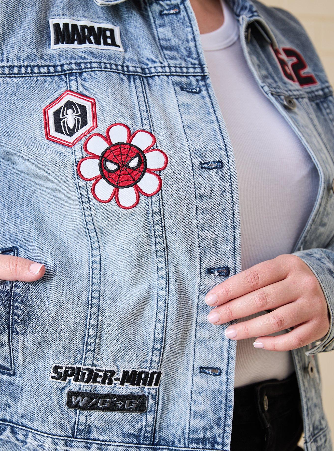 Marvel Spider-Man Embroidered Patches Women's Plus Size Cropped Denim Jacket - BoxLunch Exclusive, DENIM, alternate - view 5