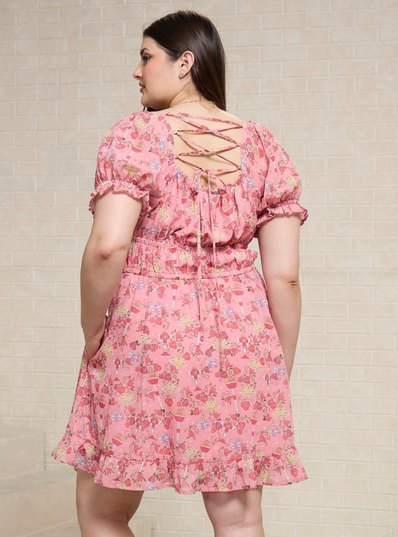 Pretty Guardian Sailor Moon Floral Allover Print Plus Size Puff Sleeve Dress - BoxLunch Exclusive, PINK, alternate - view 3