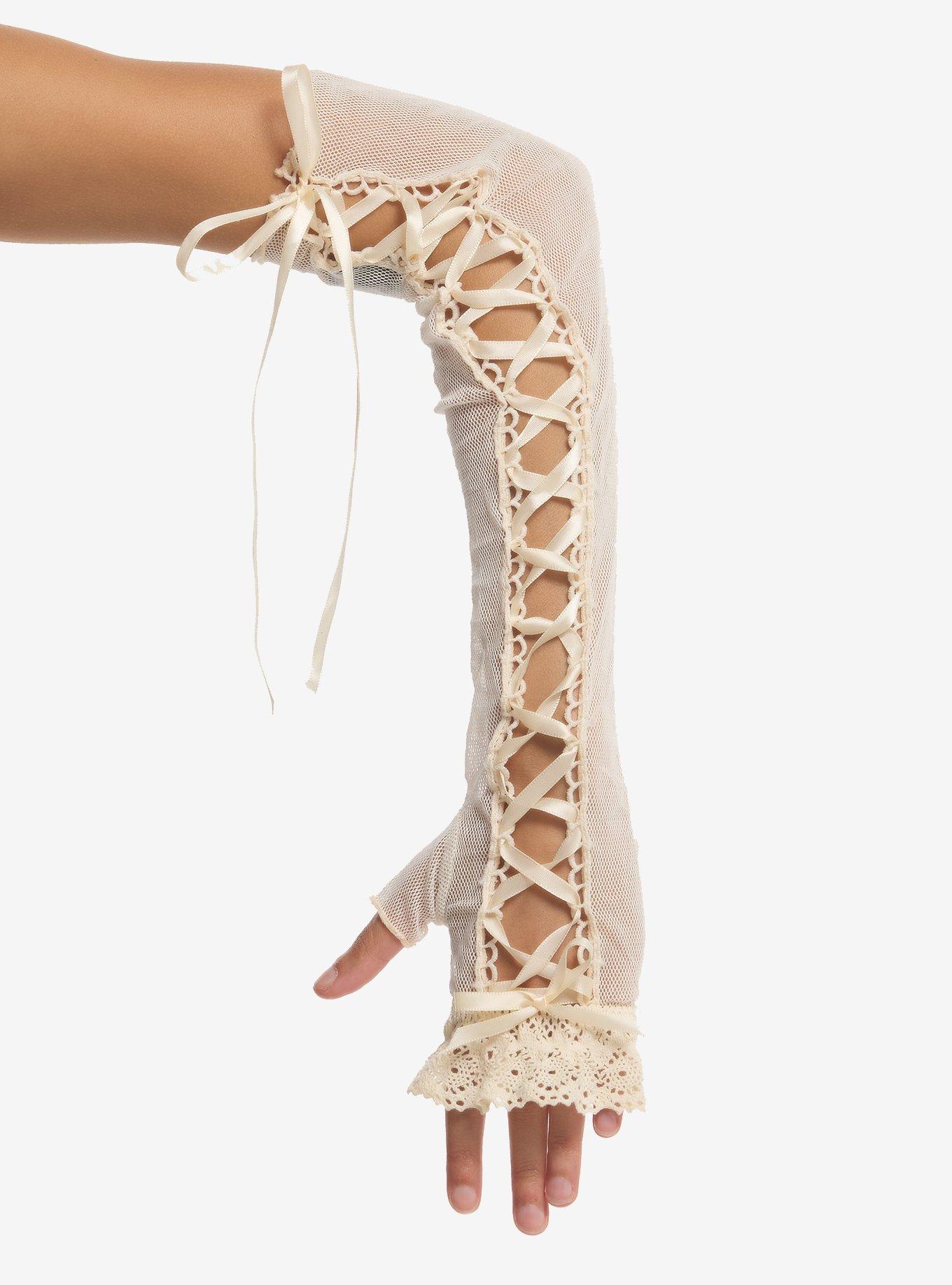 Cream Ribbon Lace-Up Arm Warmers, , hi-res