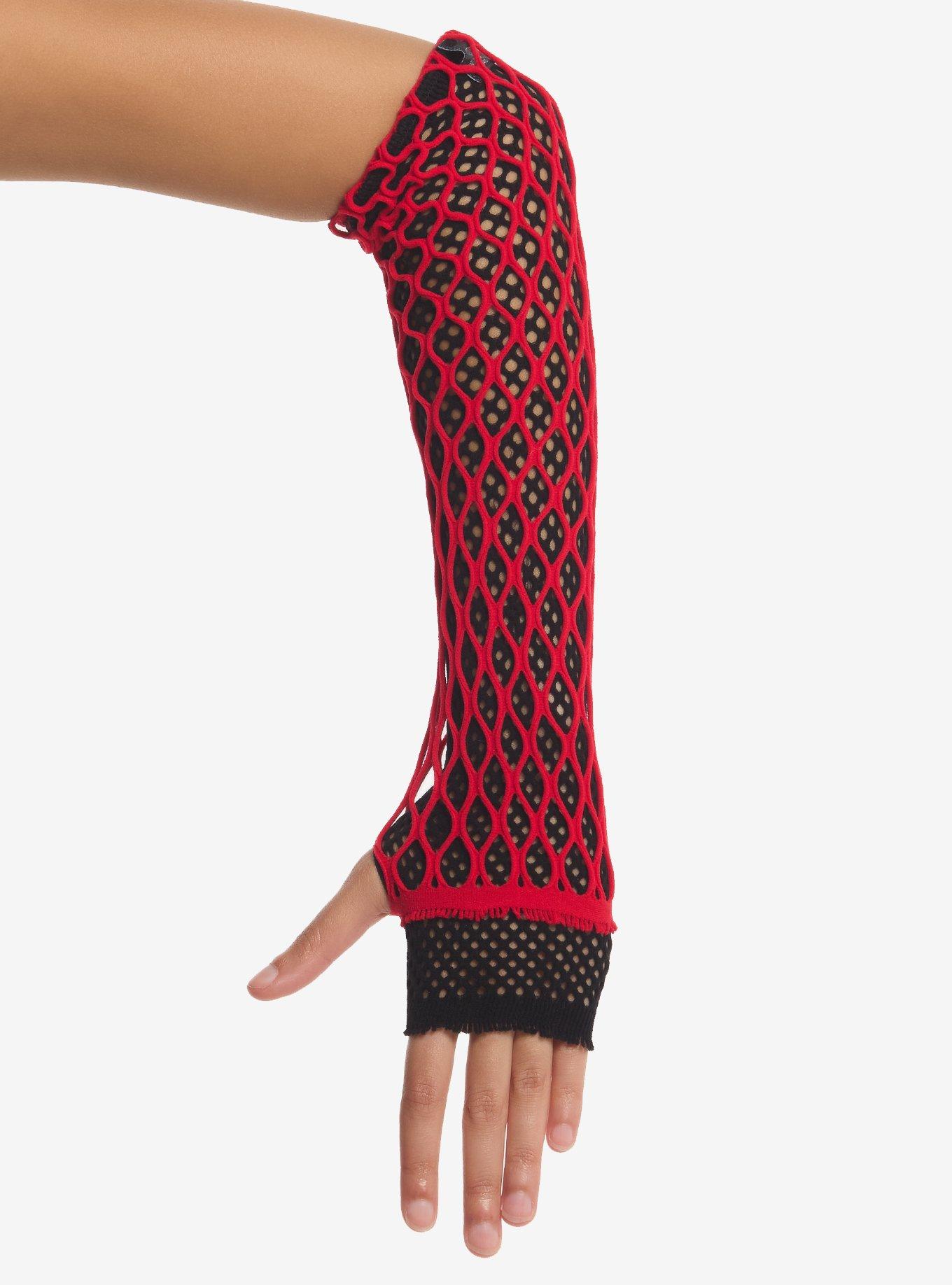 Red & Black Fishnet Layered Arm Warmers, , hi-res