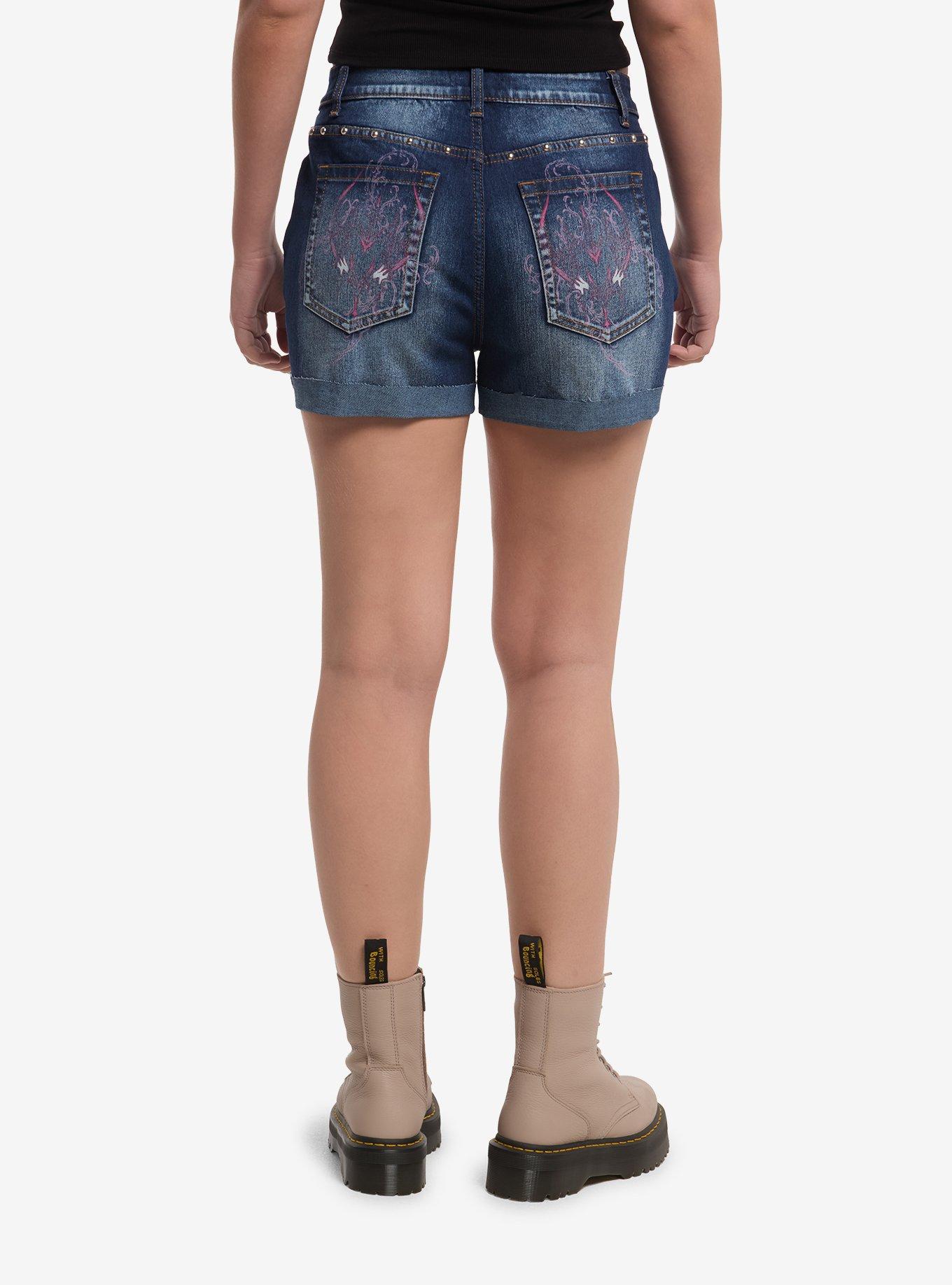 Sweet Society Pink Cyber Heart Destructed Denim Shorts, , hi-res
