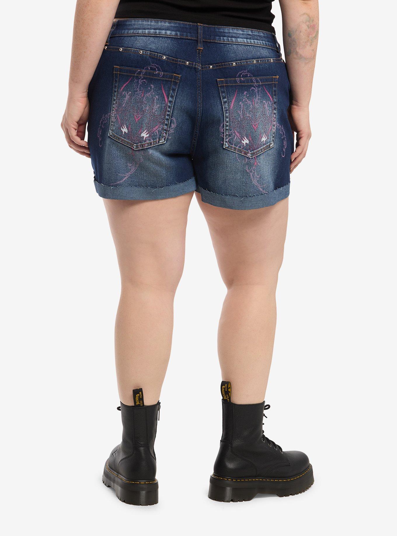 Sweet Society Pink Cyber Heart Destructed Denim Shorts Plus Size, , hi-res