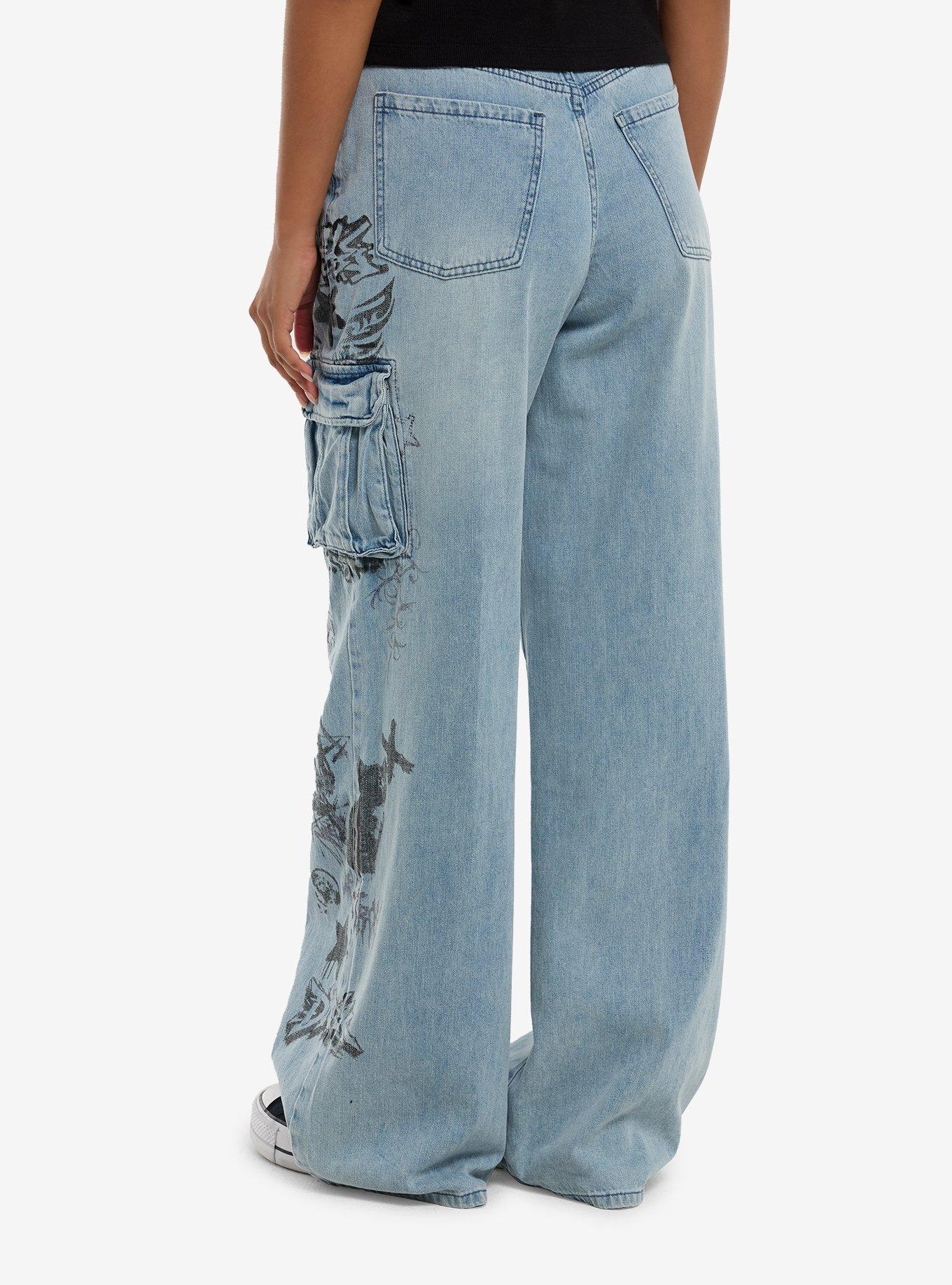 Social Collision Graffiti Doodles Cargo Wide Leg Jeans, , hi-res