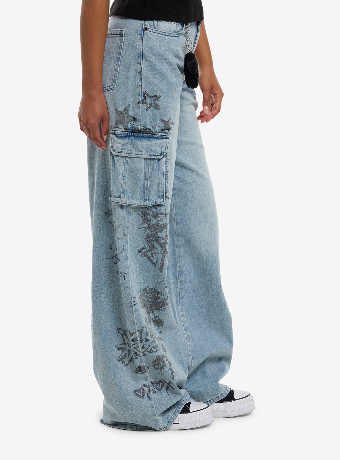 Social Collision Graffiti Doodles Cargo Wide Leg Jeans, MULTI, alternate