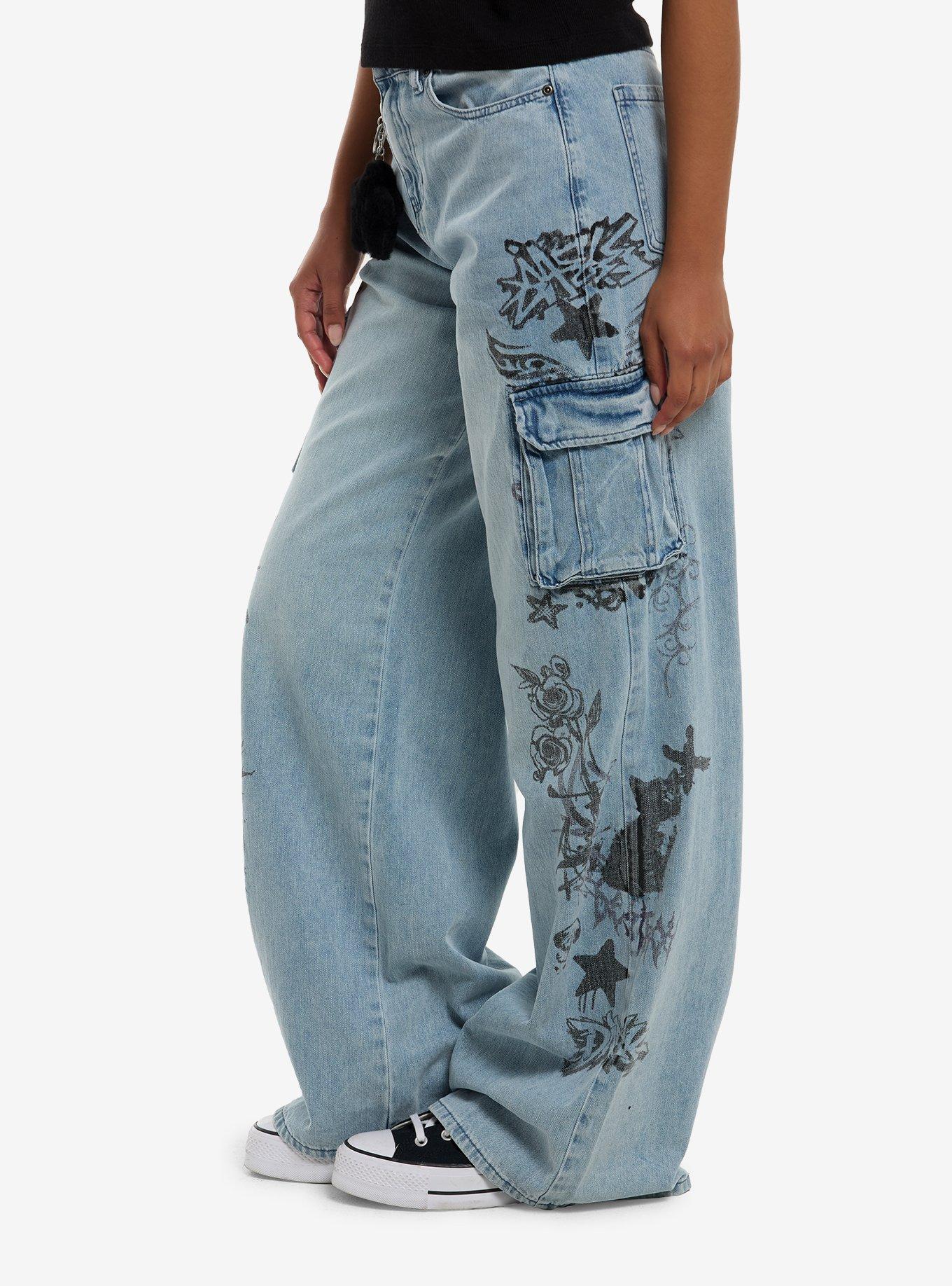 Social Collision Graffiti Doodles Cargo Wide Leg Jeans, MULTI, alternate