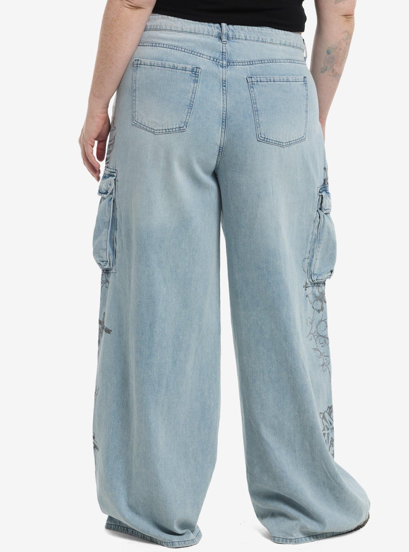 Social Collision Graffiti Doodles Cargo Wide Leg Jeans Plus Size, , hi-res