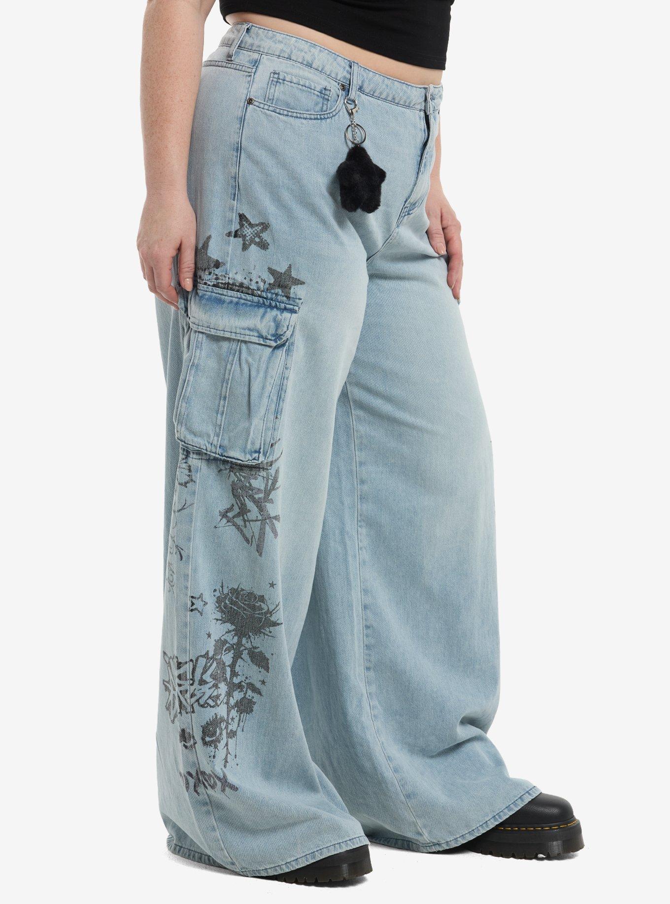 Social Collision Graffiti Doodles Cargo Wide Leg Jeans Plus Size, MULTI, alternate