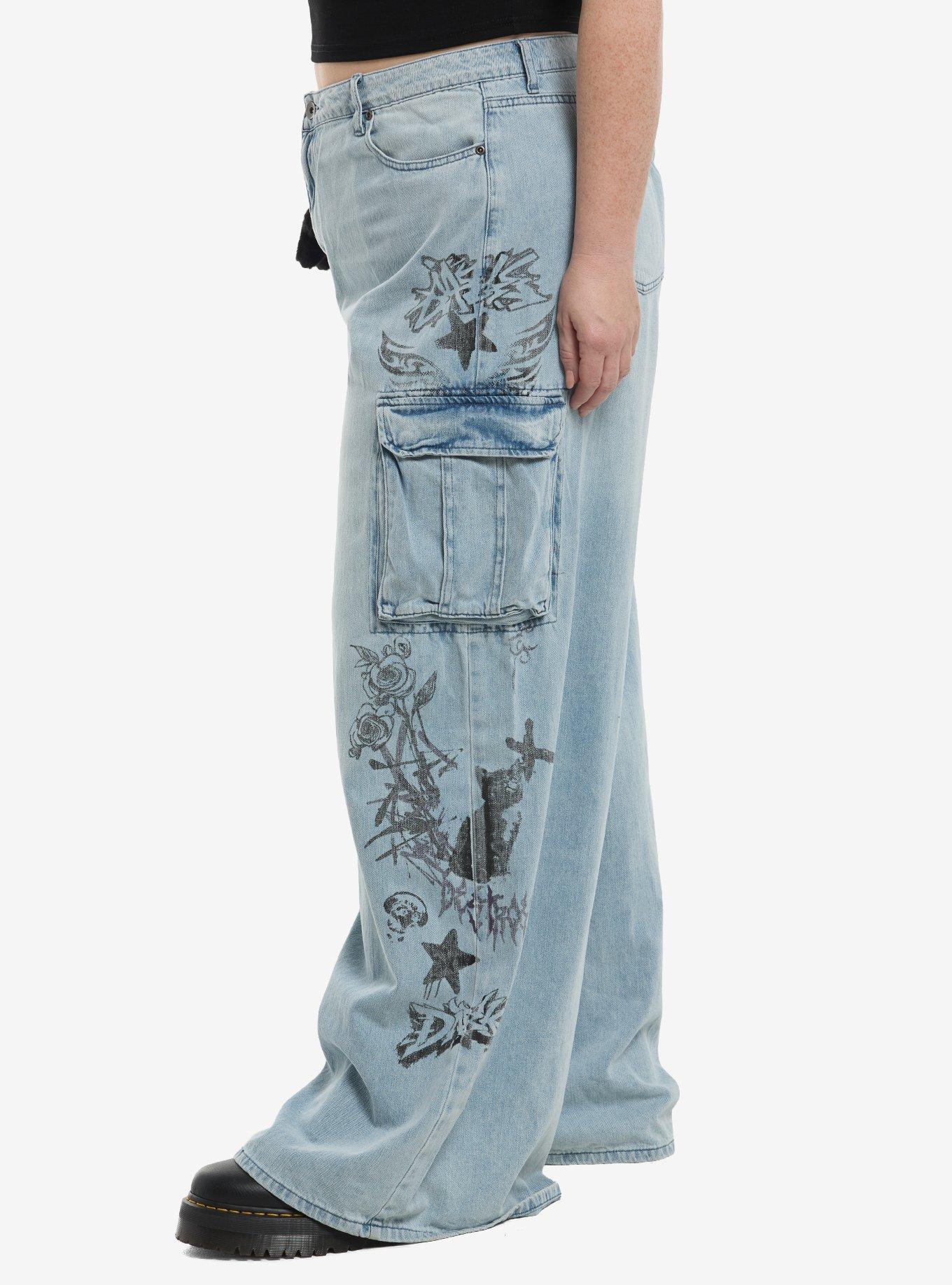 Social Collision Graffiti Doodles Cargo Wide Leg Jeans Plus Size, MULTI, alternate